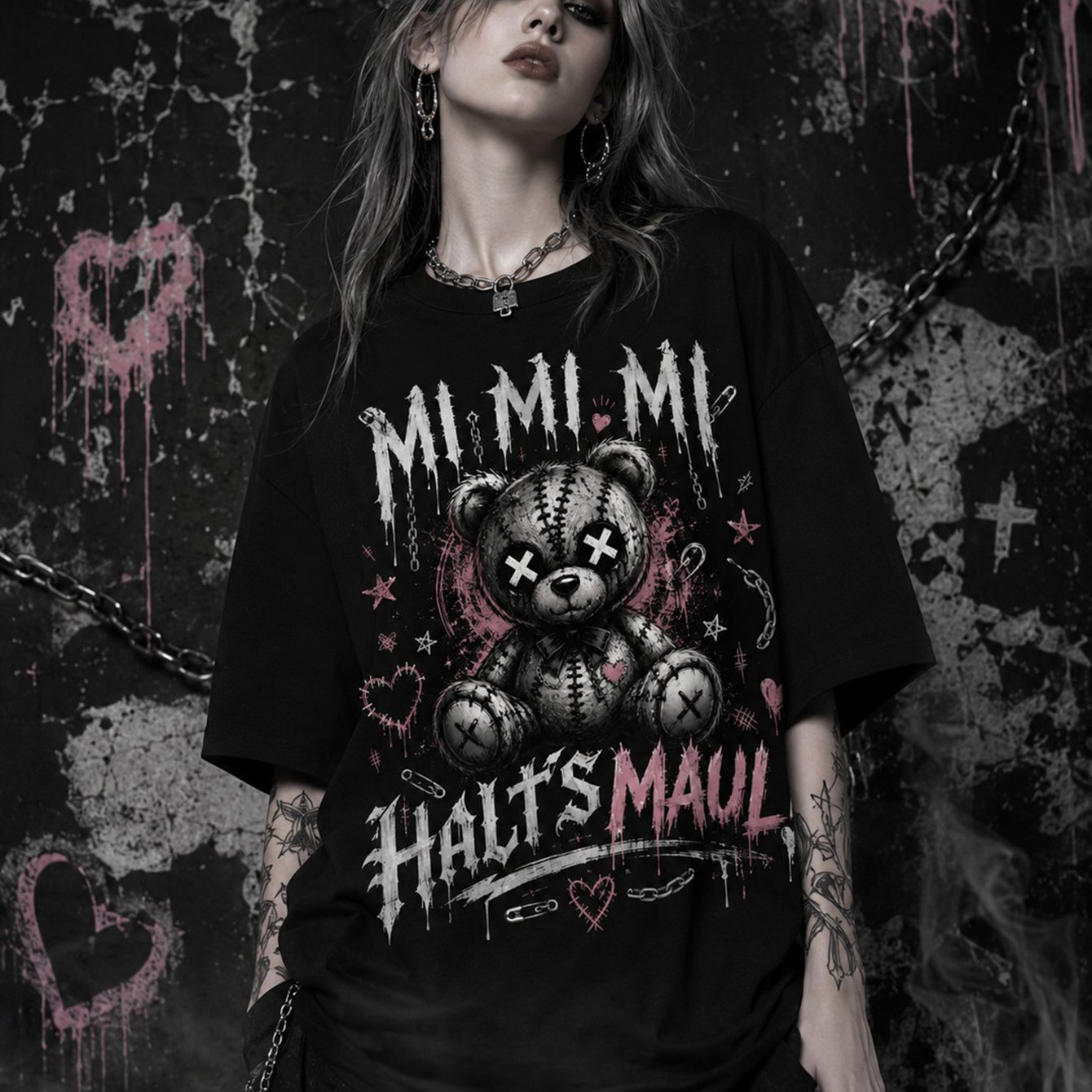 Image of Gothic Stitched Bear Mi Mi Mi Halt With Mouth Graphic Black Oversized Streetwear Casual T-shirt Short Sleeve