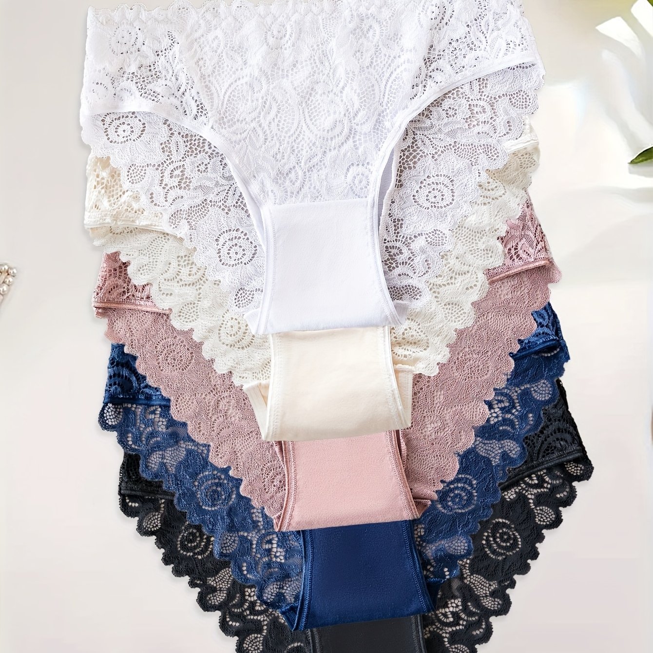 5pcs Set Elegant Lace Panties, Breathable Comfortable Women's Lace Triangle Underwear