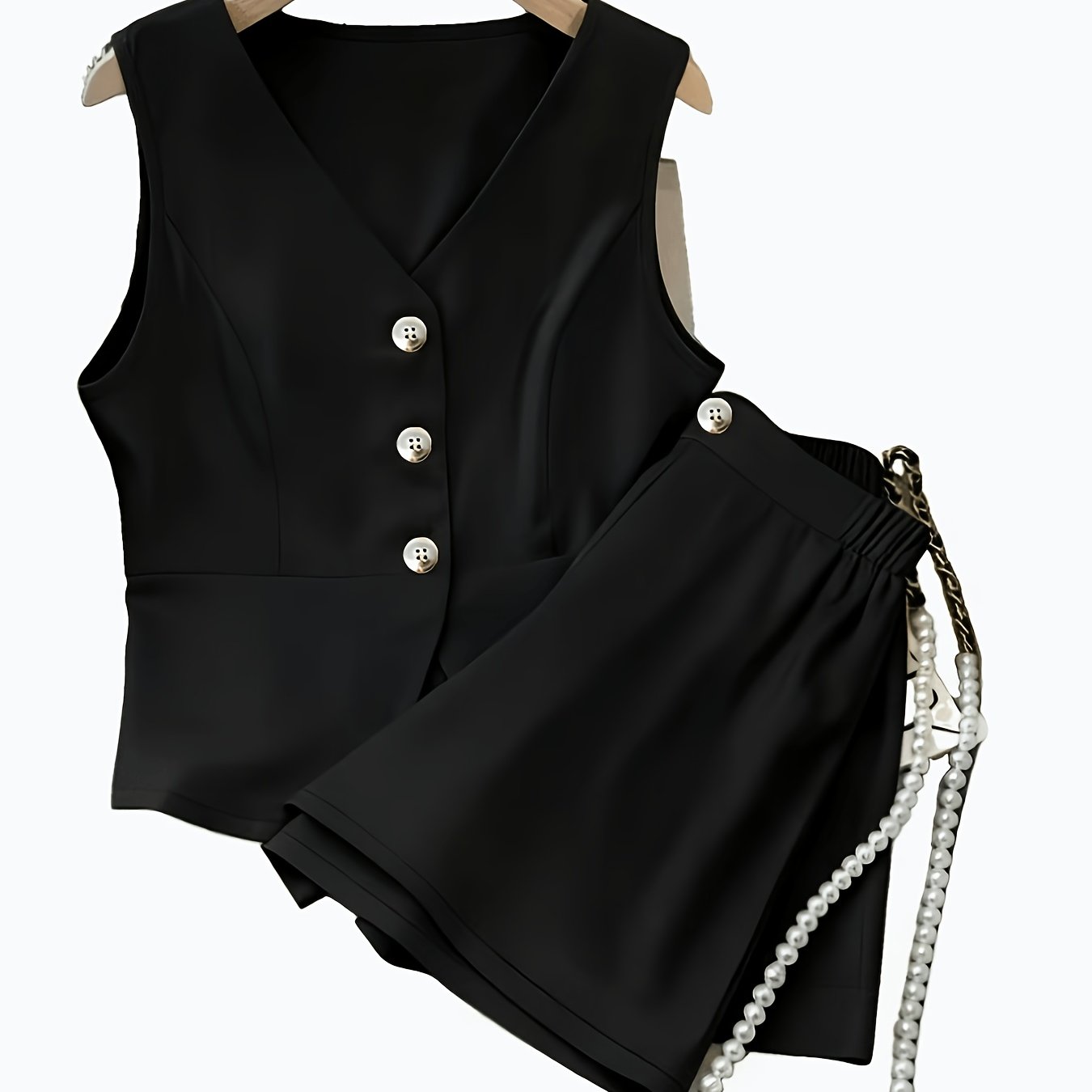 TEMU Elegant Sleeveless Top And Vest Two-piece Set For Women. Features Elastic Waist Straight Shorts, Perfect For Business Casual Wear