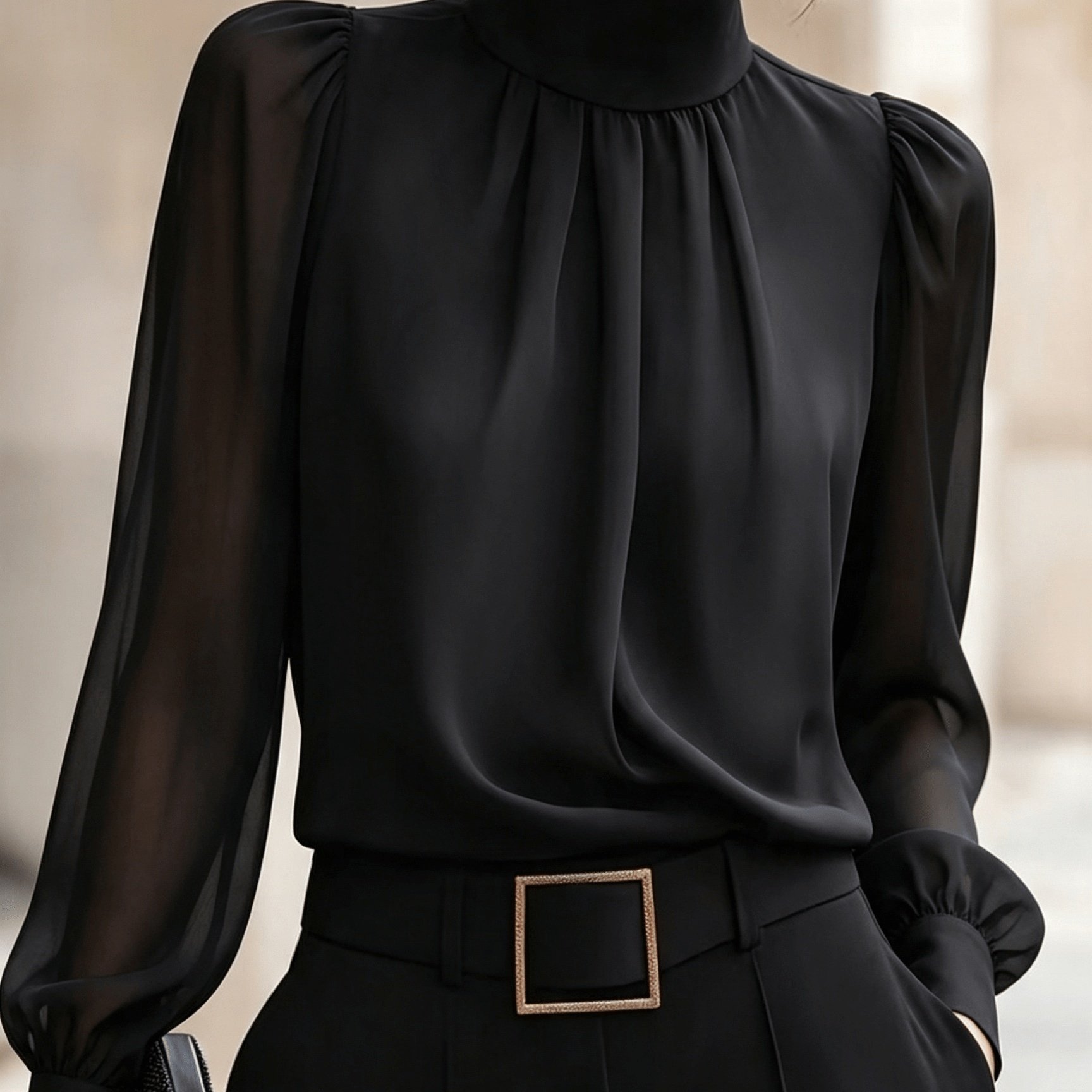 TEMU Women Solid Mock Neck Gathered Ruched Blouse, Sheer Transparent Chiffon Puff Lantern Long Sleeves, Elegant Dressy Office Shirt Top