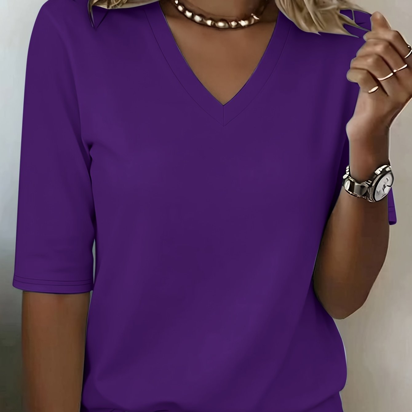 TEMU Plus Size - Plus Size - Ladies' Fashion Spring And Summer New Women's Clothing, Easy And , Solid Color Floral V-neck Five-quarter Sleeves, Loose