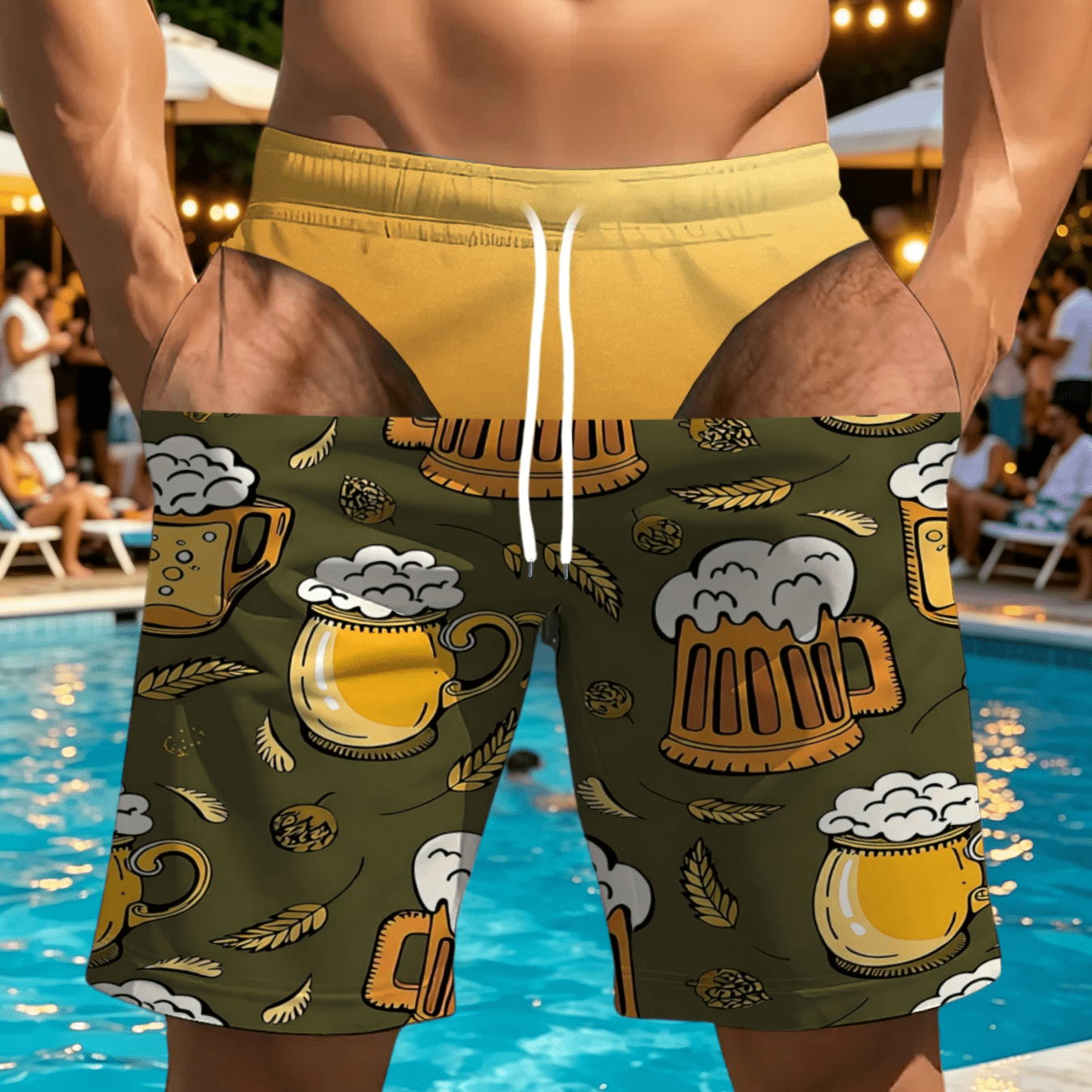 TEMU Men's Fun Printed Shorts With Olive Base And Cartoon Print Of Beer Mugs And Wheat Stalks, Featuring Convenient Side Pockets, Suitable For Summer