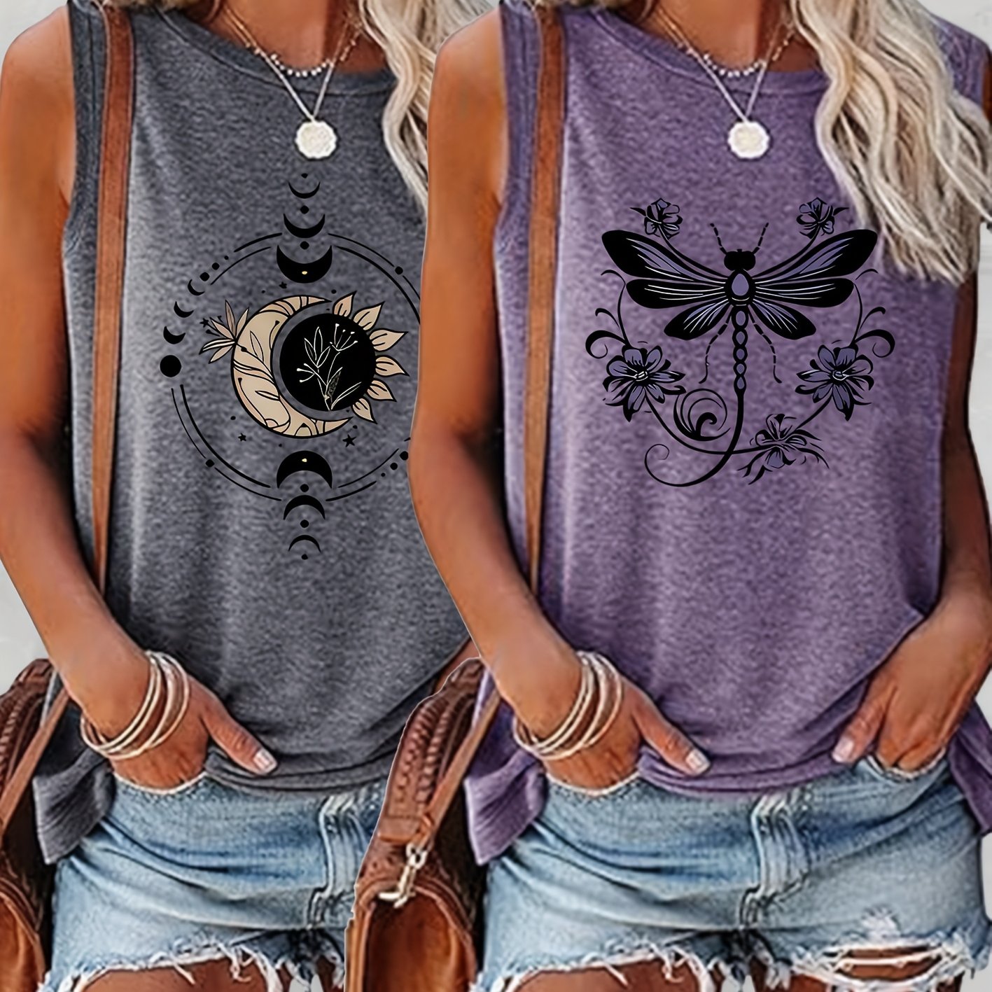 TEMU A Two-piece Set Featuring A Easy Retro Design With Moon, Flower, Dragonfly, Letters, This New Pattern Print Round-neck Tank Top Is Perfect For