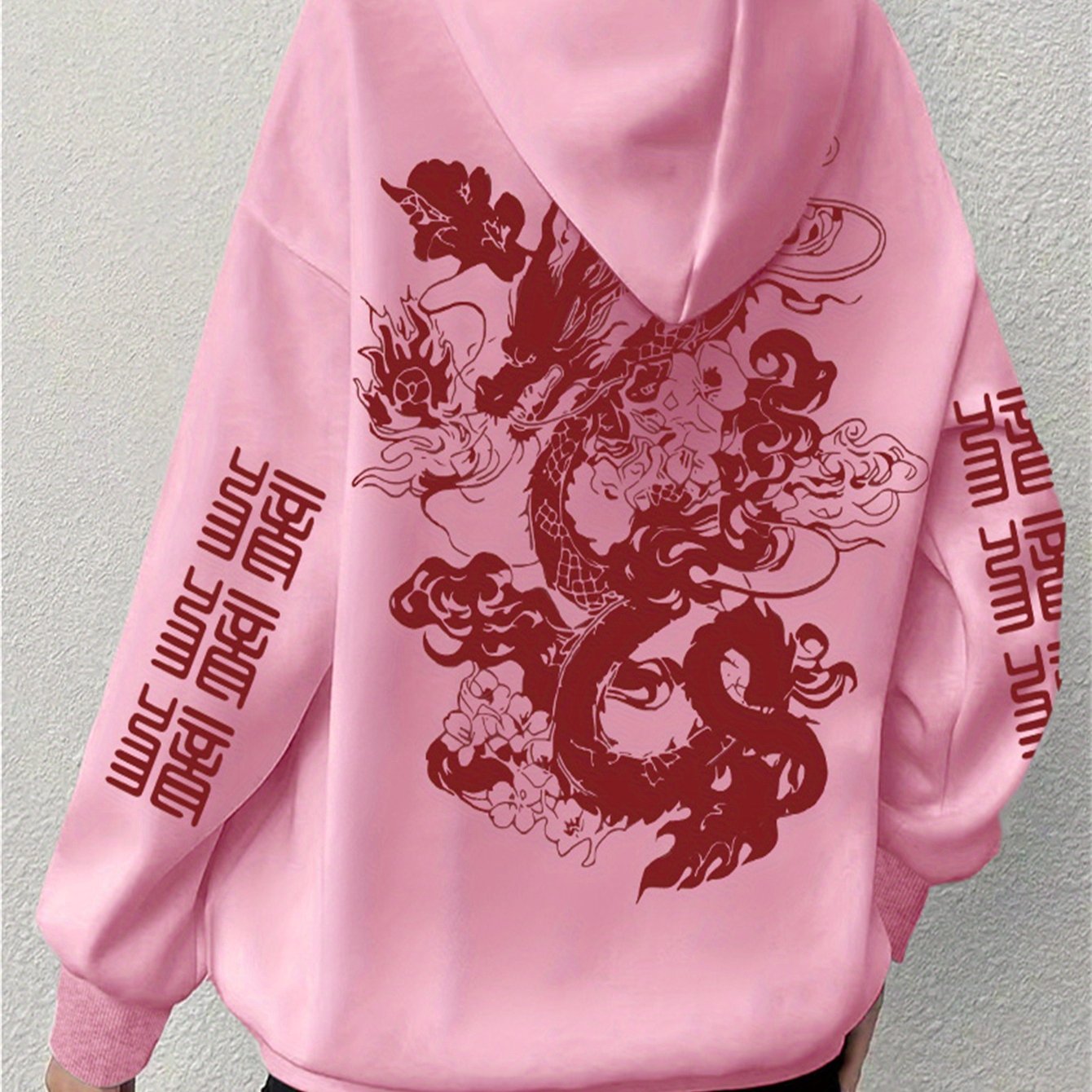 TEMU Cozy Plus Size Dragon Print Hoodie For Women - Soft Polyester, Casual Long Sleeve With Pockets, Machine Washable