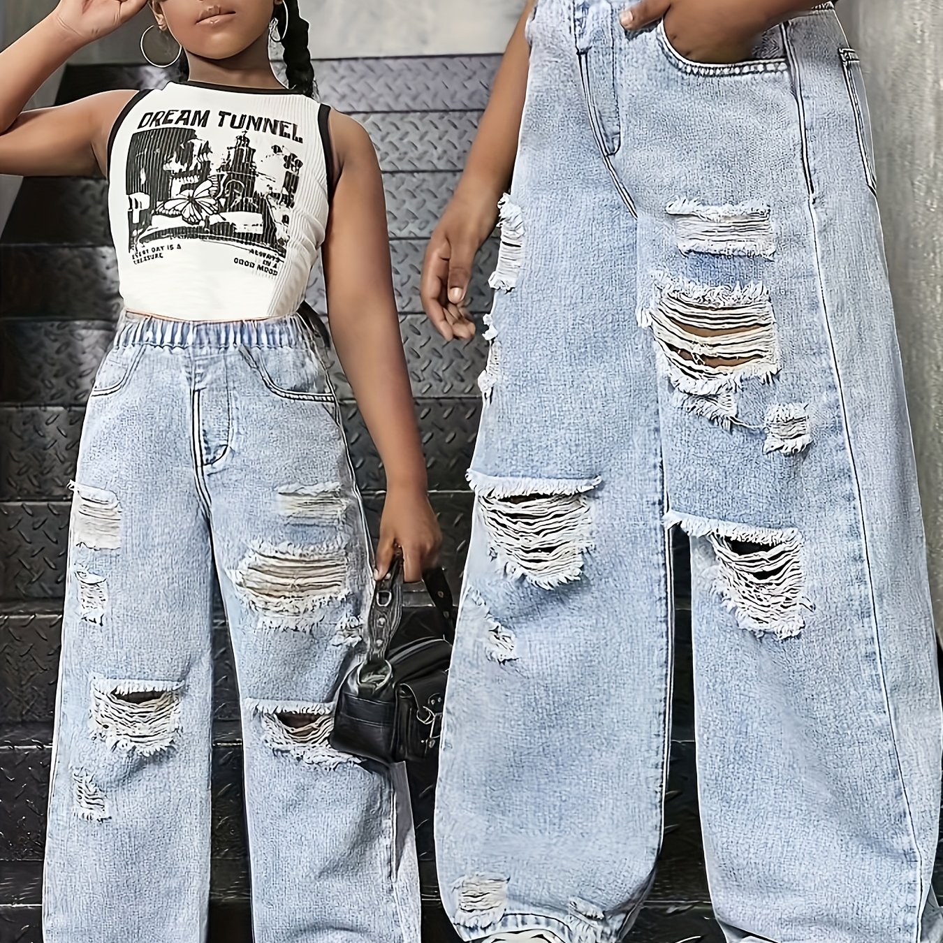 Image of Retro Washed Leggings With Real Holes, Loose Straight Fit For An Edge Street Style, Machine Washable, Suitable For Casual Wear For Teenagers And