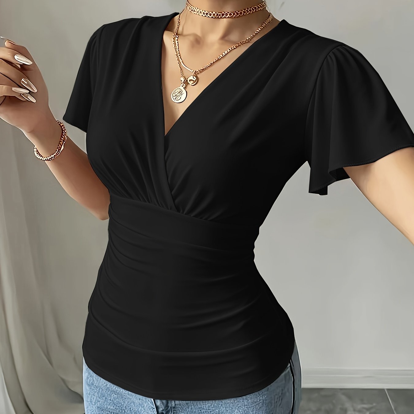 TEMU Women's Spring Summer Casual V-neck Solid Color Commuter T-shirt