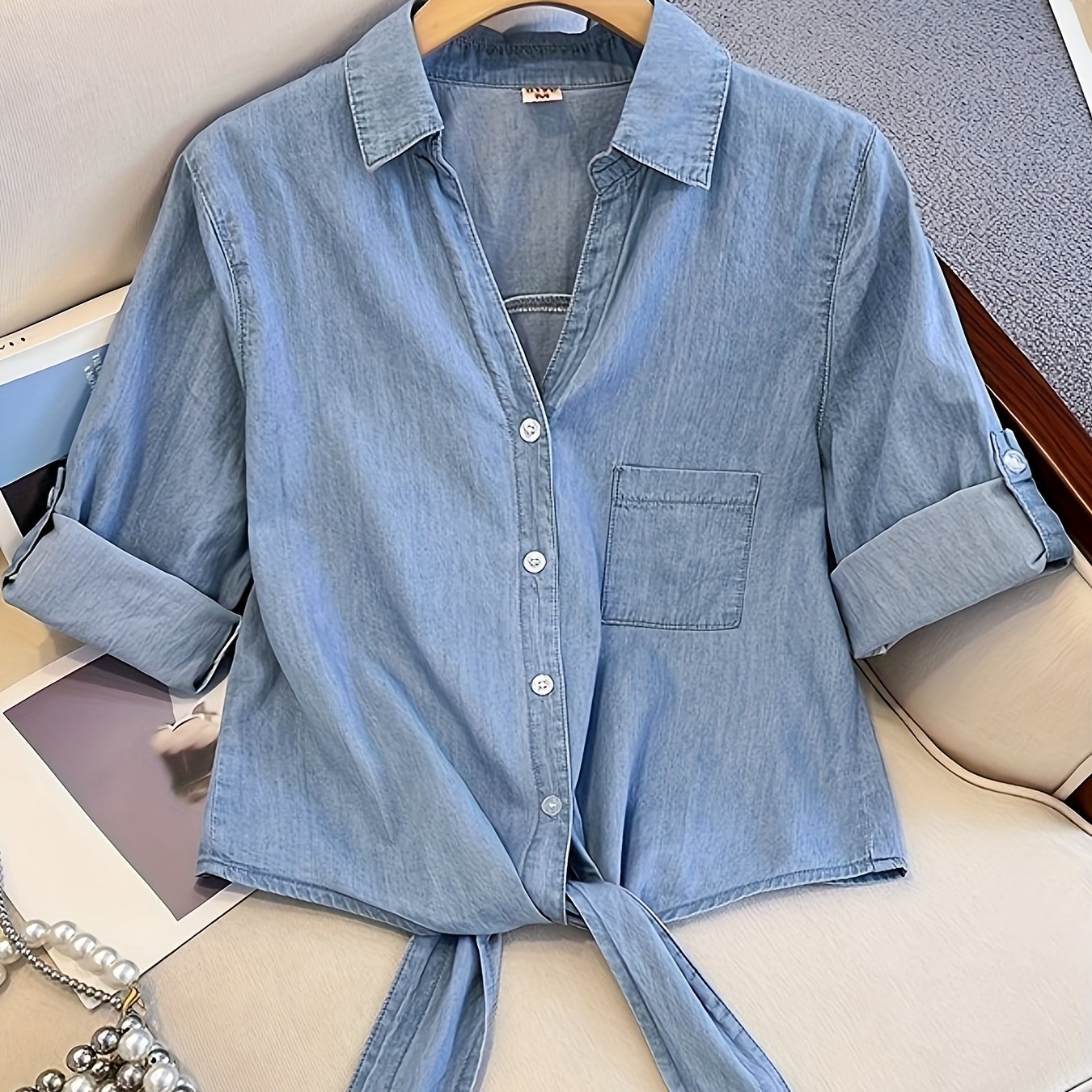 Image of Fashion Lace-up Three-quarter Sleeve Denim Shirt For Women, Casual Denim Top