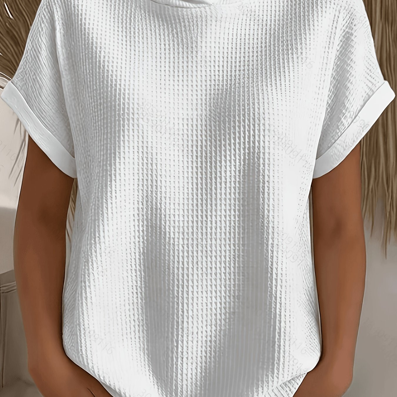 Image of Plus Size - Spring, Summer, Autumn, Winter Plus Women's Waffle Hooded Short Sleeve T-shirt Loose, Tummy Concealing, Versatile, . Casual, Vacation, Leisure, Festival Style