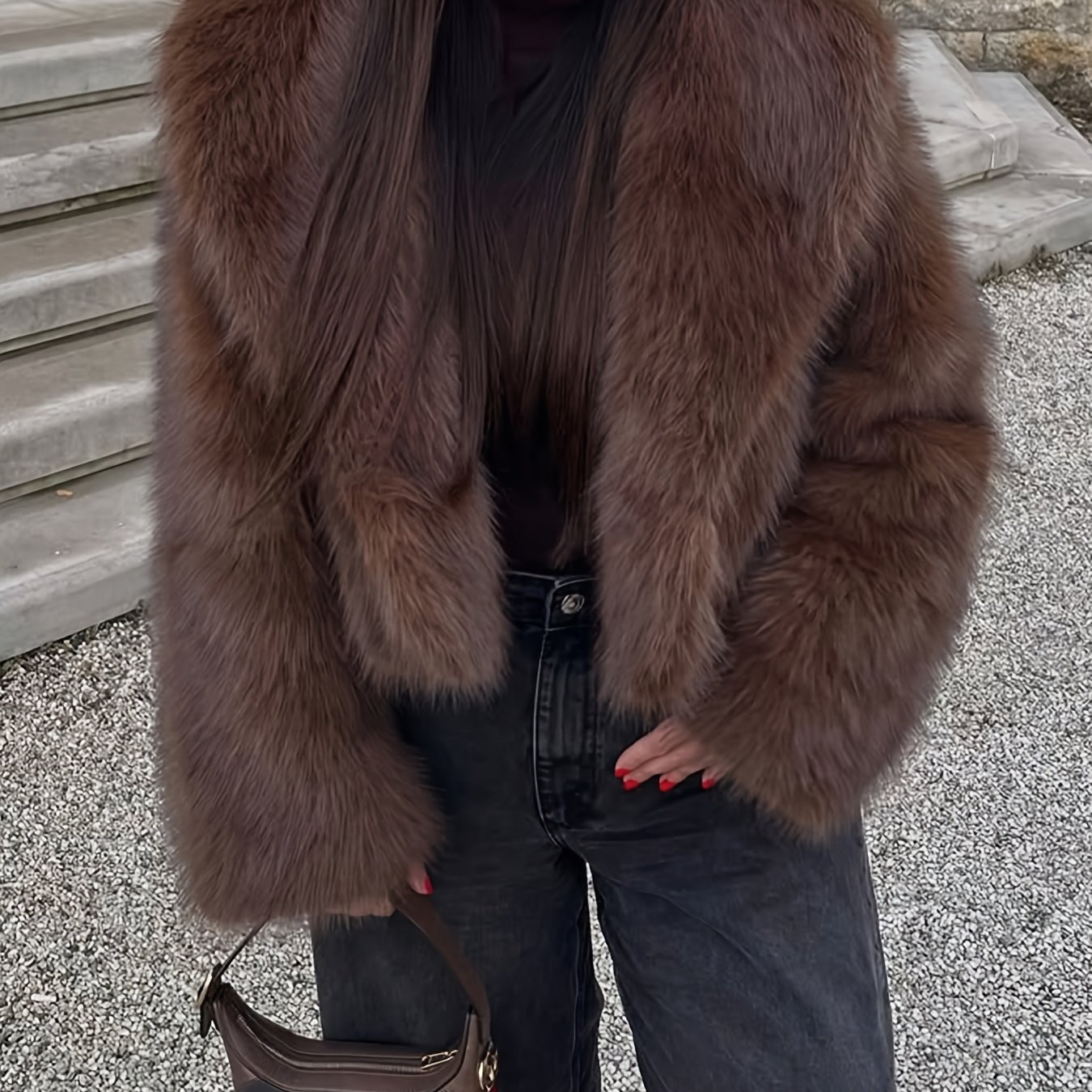 TEMU 2025 Autumn/winter New Arrival Thickened Faux, Lapel/suit Collar, Solid Color Fluffy Short Outerwear, Fashionable Casual Short Brown Faux,