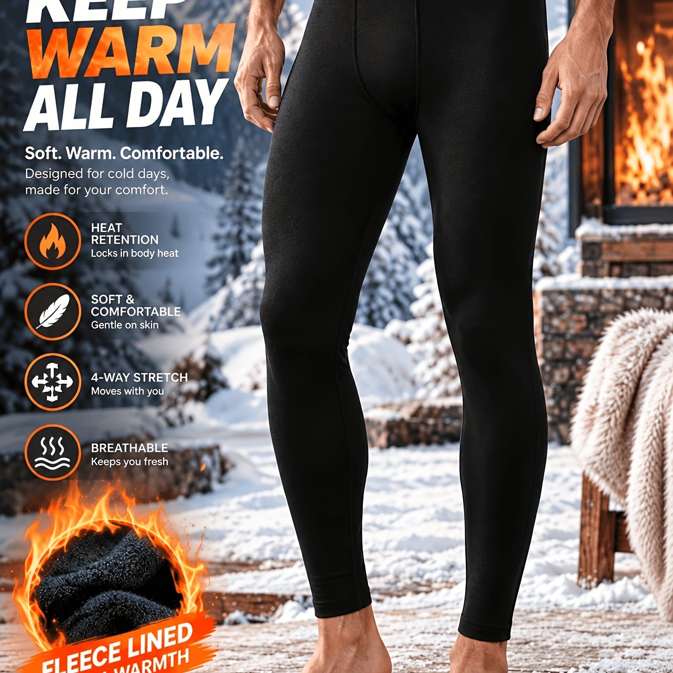 TEMU Men' Pair Warm Trousers, Autumn Winter Fleece Heated Base Layer Tight Pants