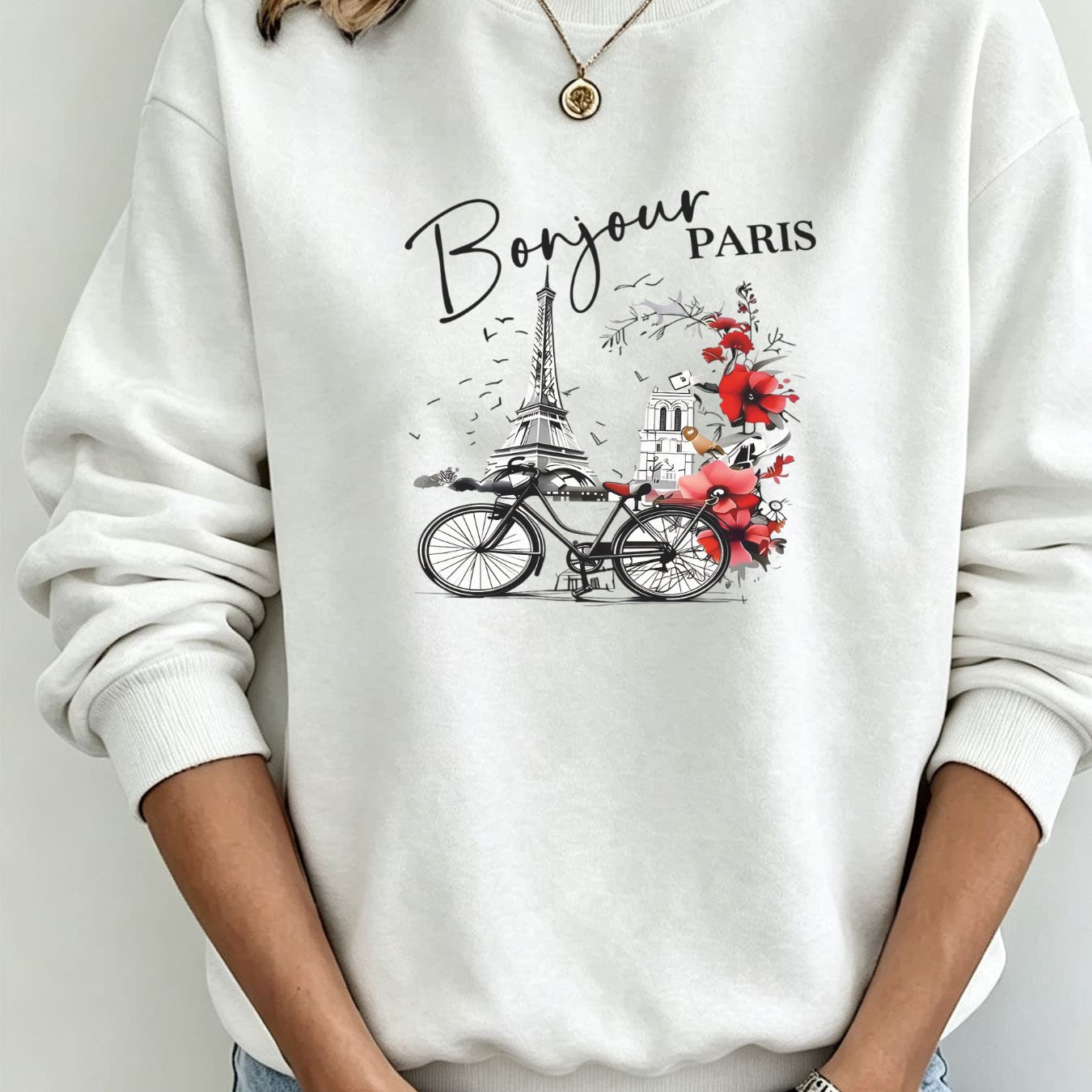 Image of Autumn/winter New Pullover Women's Loose Round Neck Long Sleeve Sweatshirt With , Bicycle, And Floral Print, Paris Text, Casual , Breathable And Comfortable, French Crewneck Sweatshirt