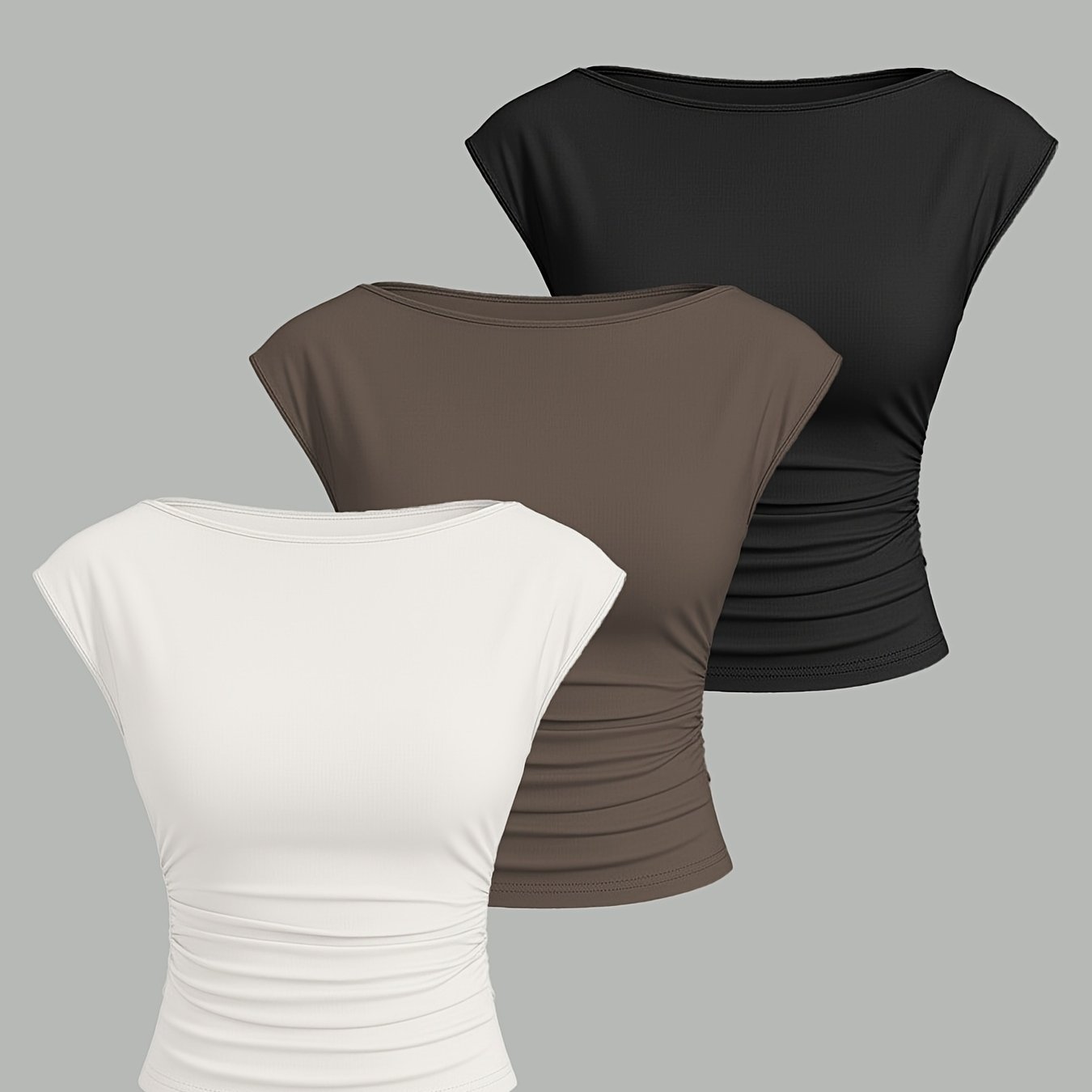 E-shop Damenmode Slim Fit Street Casual Bequemes T-Shirt Dreiteiliges Set, Einfarbig Taillenformendes Falten-T-Shirt Set, Sommerkleidung,