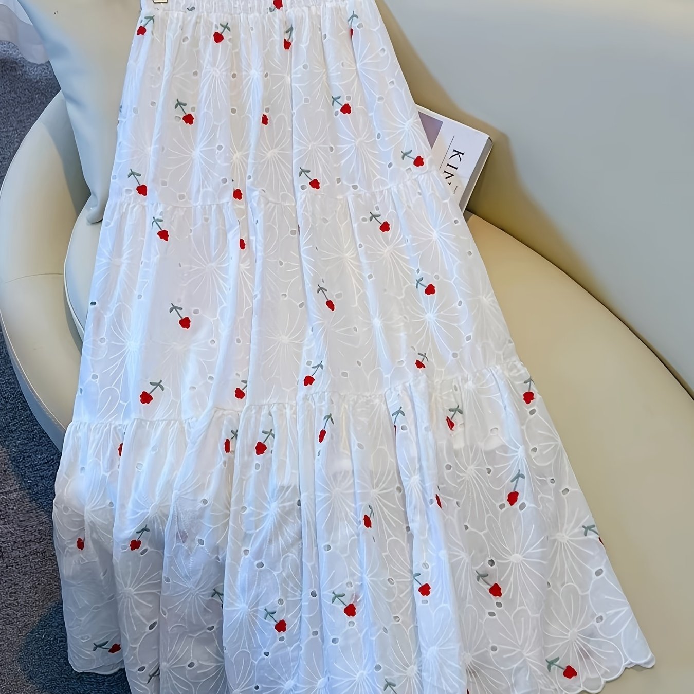 TEMU Gentle Floral Embroidered Midi Skirt For Women, And Summer 2026 Style, Suitable For Petite Figures, A-line Fairy Dress With A Floral Pattern