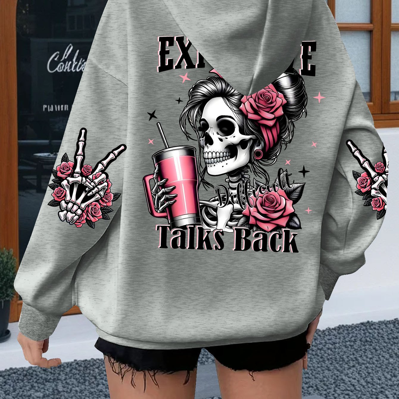 TEMU Plus Size - Plus-size Hoodie With Skull Letter Print, Casual Drawstring Long Sleeve Sweatshirt With Kangaroo Pocket, Women's Plus-size Clothing.