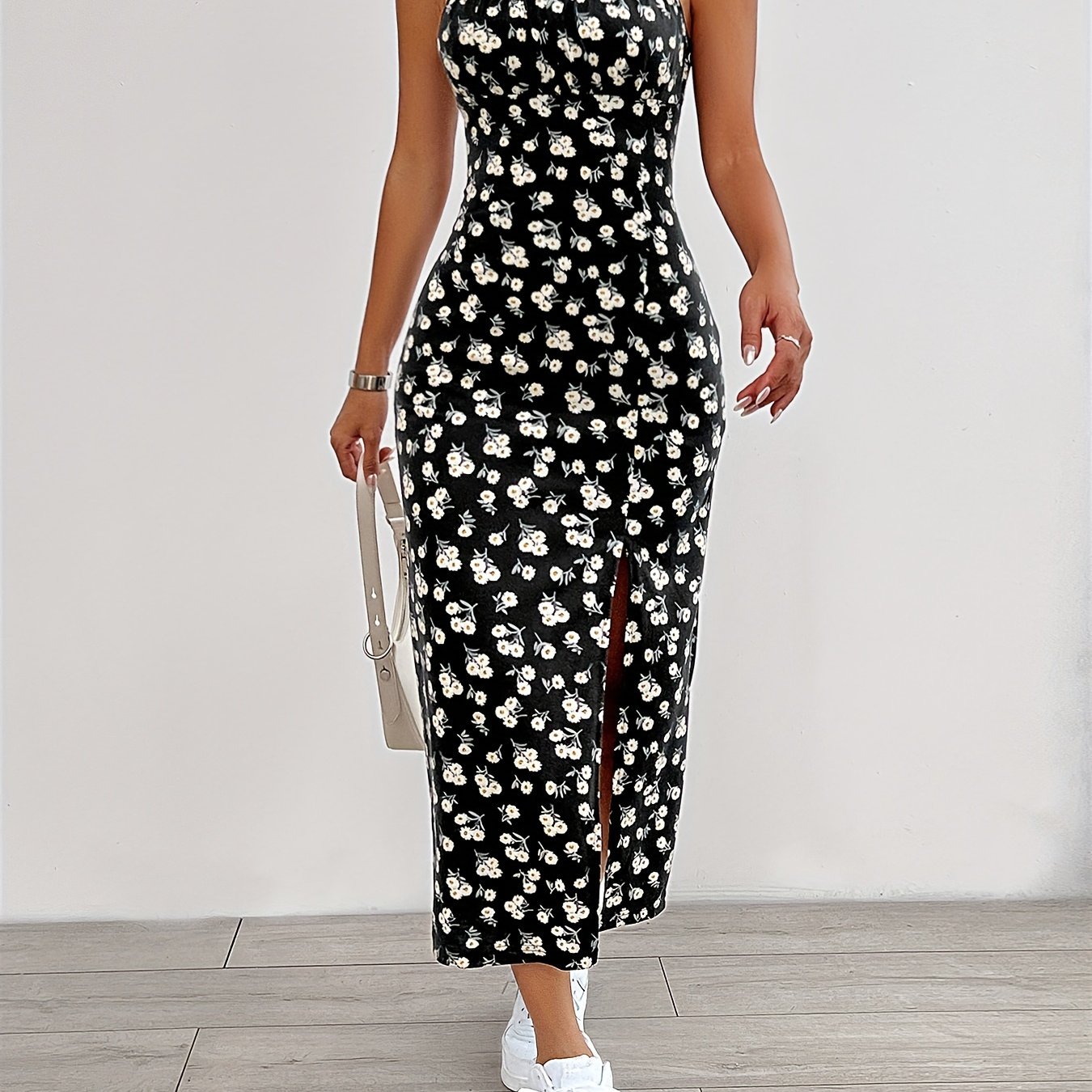 Image of Floral Print Split Hem Cami Dress, Elegant Sleeveless Spaghetti Strap Dress For , Women's Clothing