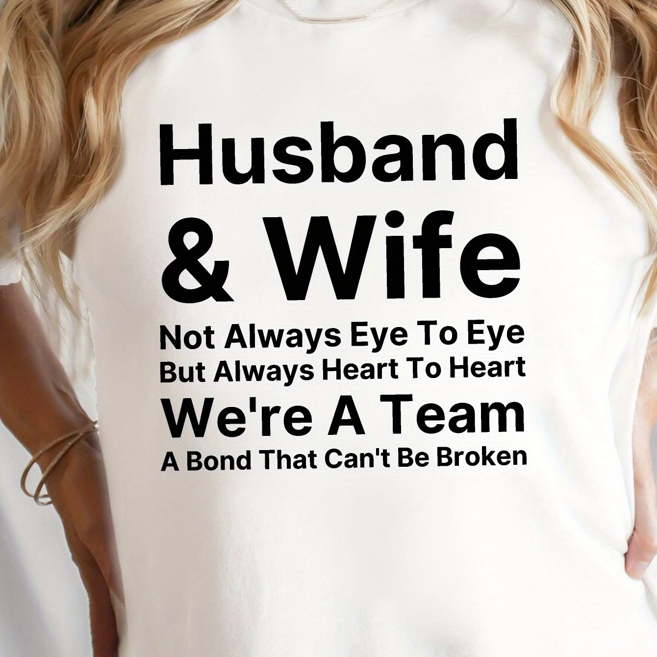 TEMU Husband Wife Print T-shirt, Short Sleeve Crew Neck Casual Top For Summer & Spring, Women's Clothing