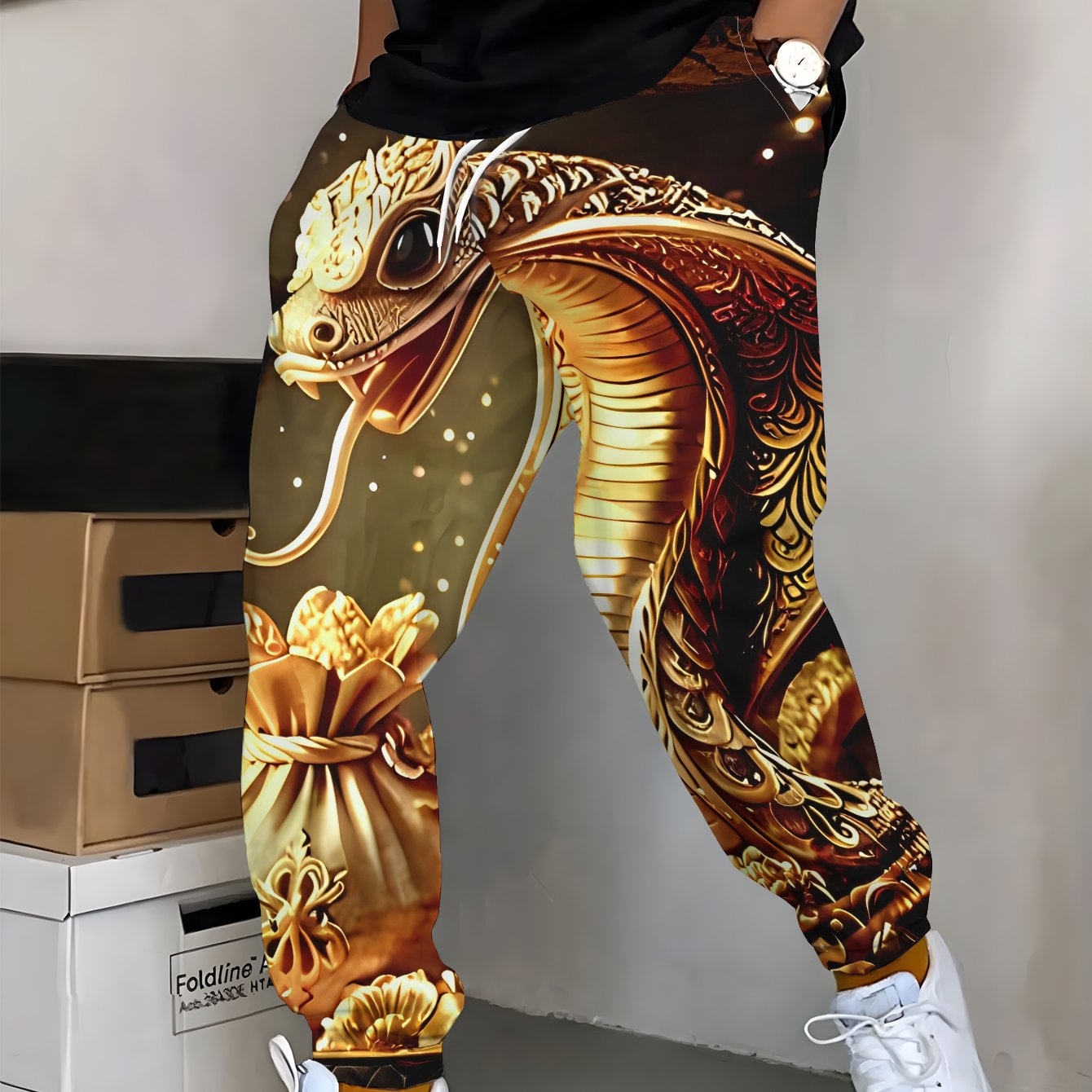 TEMU Men's Fashion Printed Jogger Pants With Golden Coiled Around A Treasure Vase Spitting Money Pouch, Shimmering Golden, Featuring Drawstring And