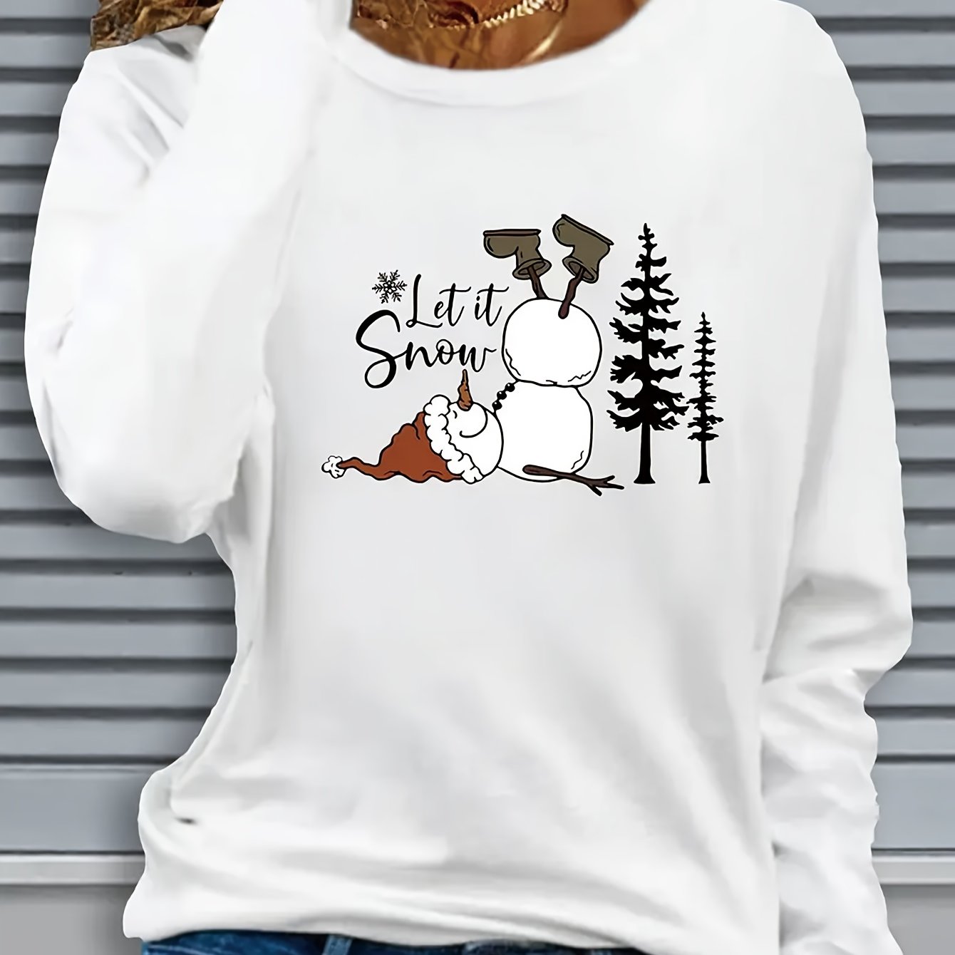 TEMU Women's Christmas Pattern Printed Long Sleeve T-shirt - Cozy Snowman " Snow" Design, Soft Round Neck Casual Top, Fall Season, Machine Washable,