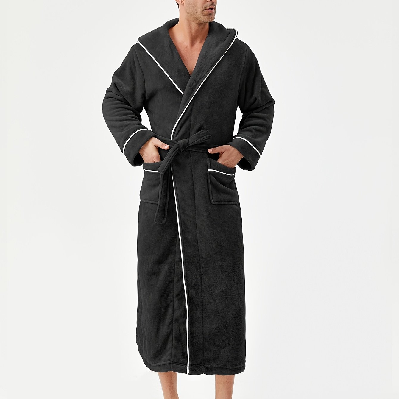 Image of Autumn Winter Flannel Men's Loose Robe, Plus Size Home Couple Pajamas Bathrobe, Thickened Warm Long Gown, Comfortable And Soft, Belt Design, Hooded With 2 Pockets, Machine Washable