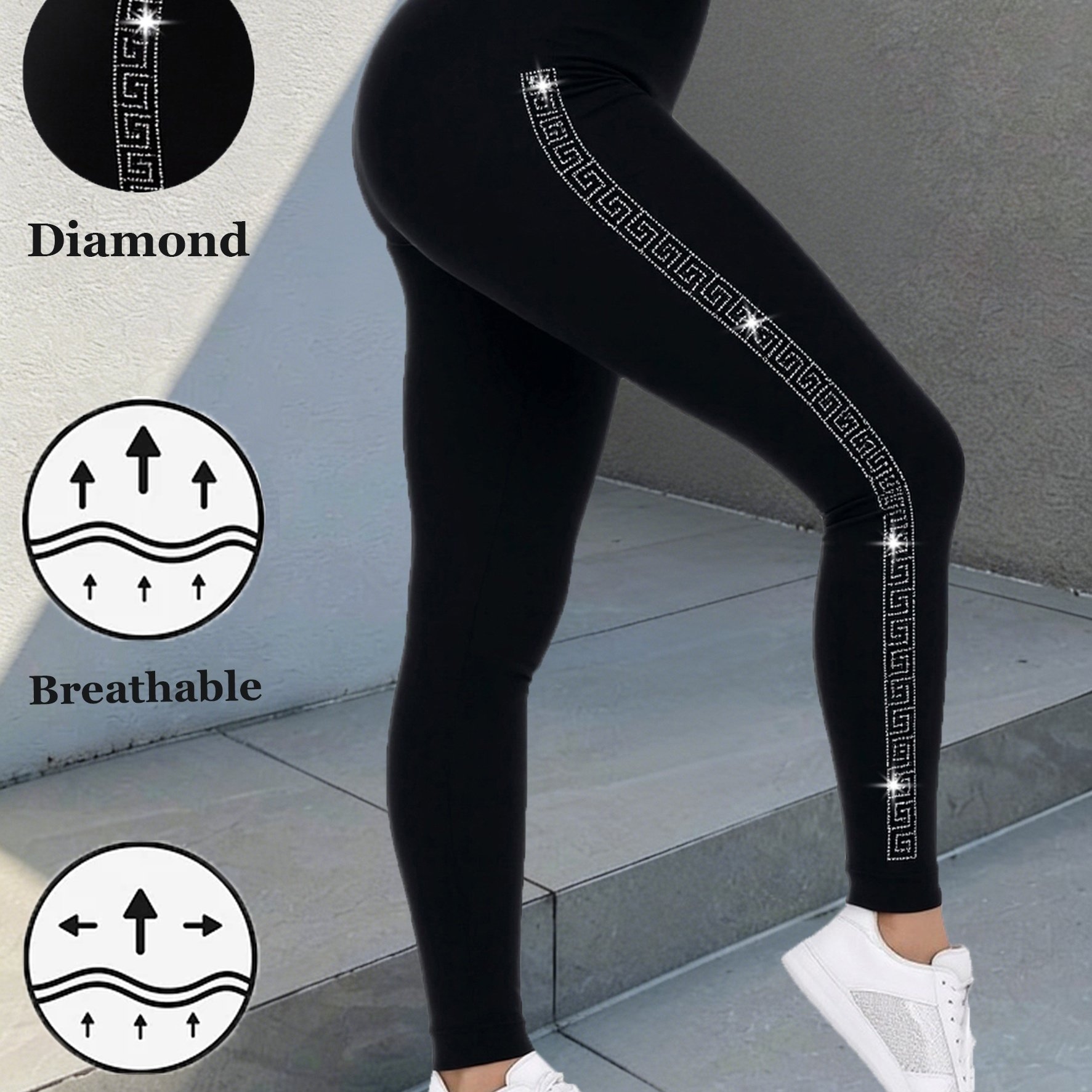 TEMU Leggings de yoga deportivos para exteriores con de taladro , de líneas geométricas de espalda lateral, tela de elasticidad, suaves,