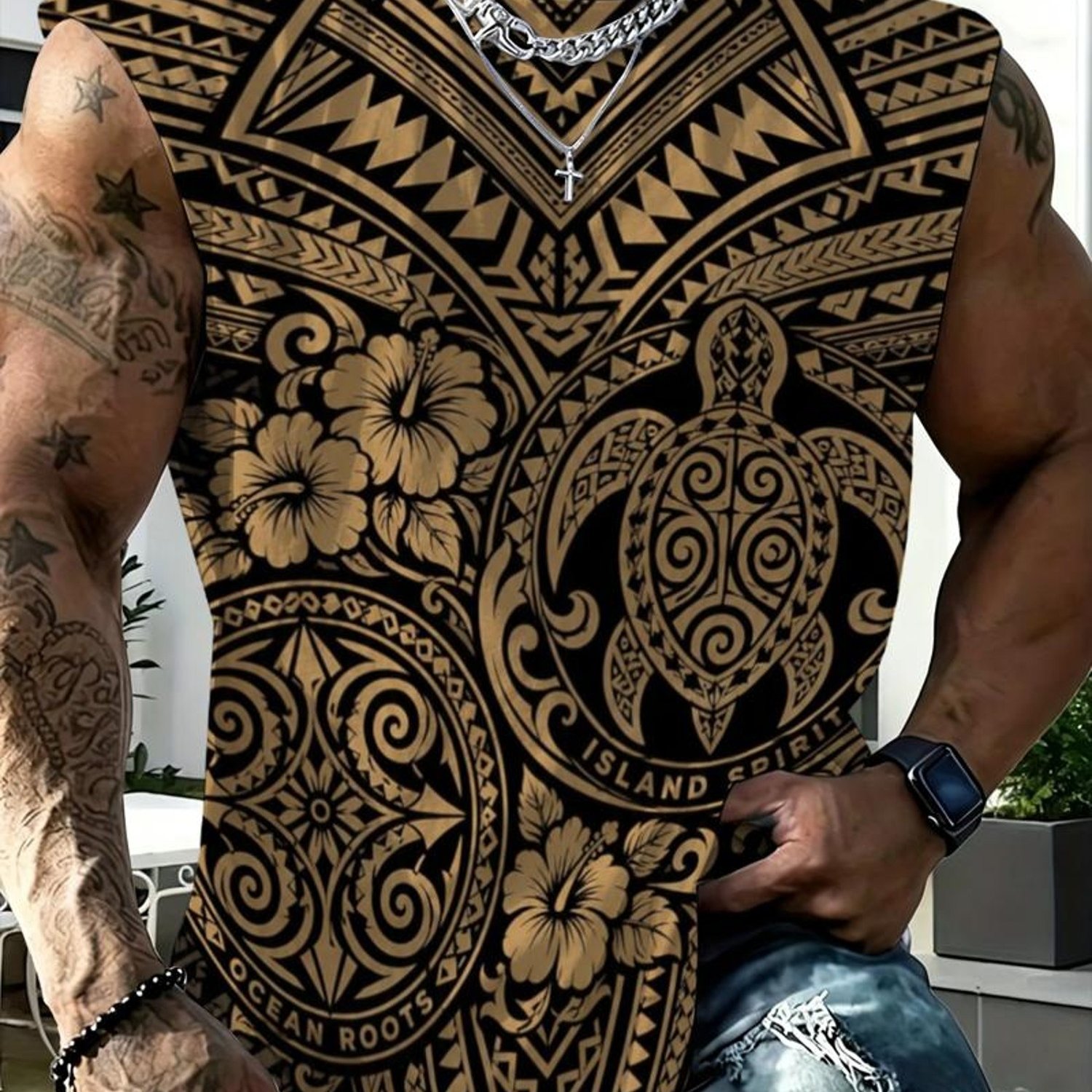 TEMU Men's Tank Top, Tribal Polynesian Design With Sea Turtle, Hibiscus, "," "," - Printed Design - No Texture