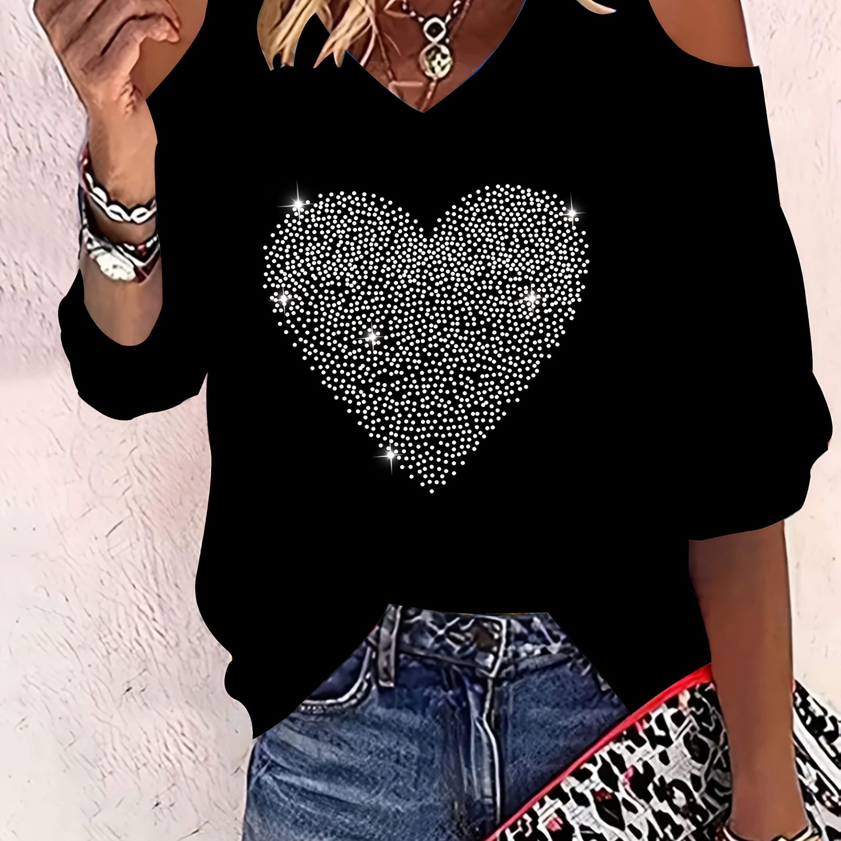 Image of Elegant Women's V-neck Large Heart Rhinestone T-shirt, Fashion V-neck Off-shoulder Rhinestone Women's Top