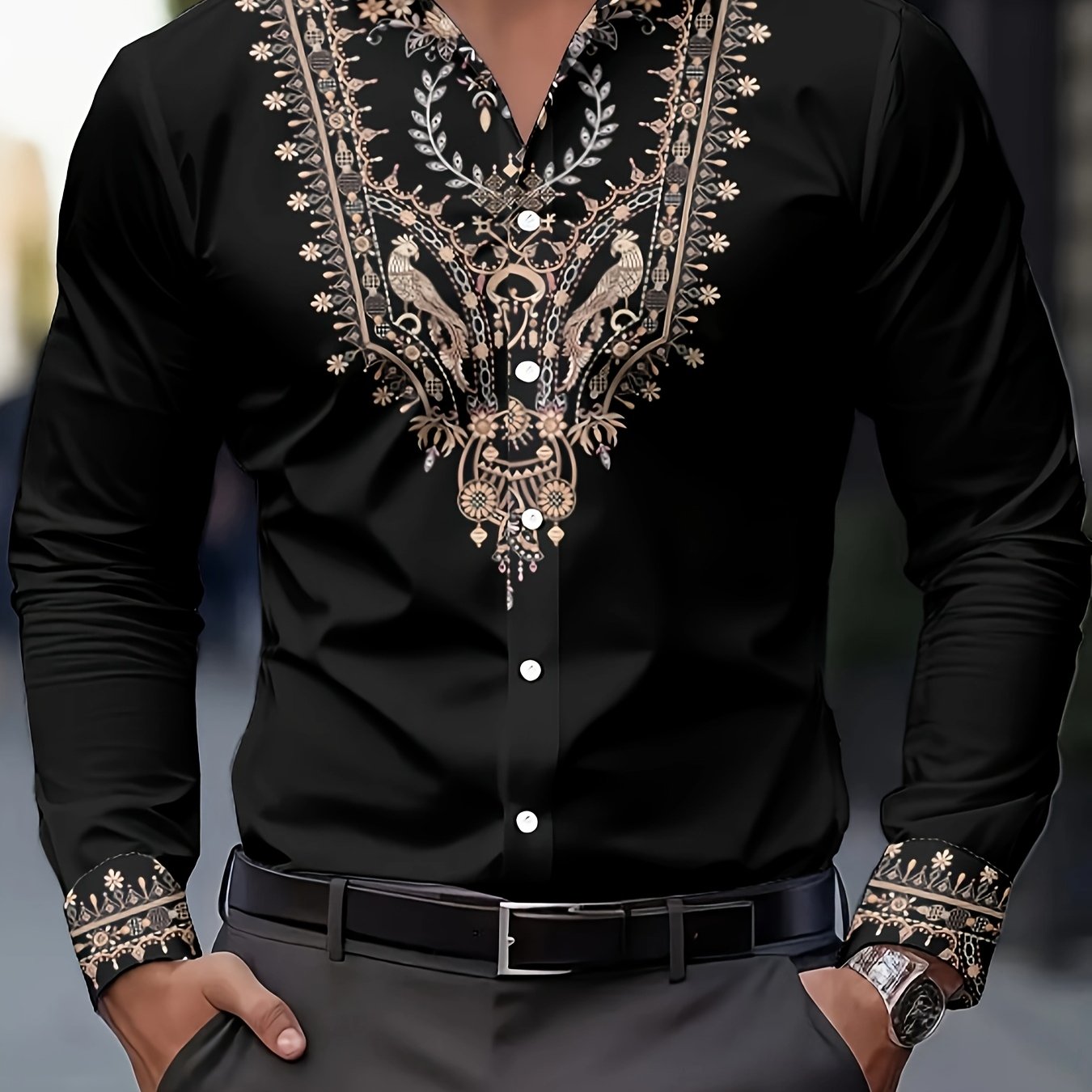 TEMU Men's Stylish Ethnic Casual Shirt, Breathable Long-sleeve Button-up With A Collar For Spring And Autumn