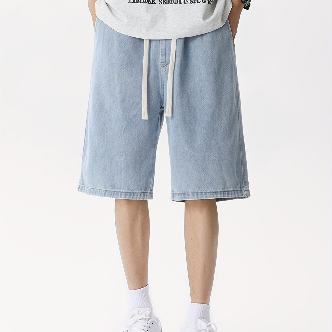 Men's Summer Youth Casual Heavy Wash Denim Non-stretch Solid Color Loose Wide-leg Elastic Waist Drawstring Light Cool Jeans For Men