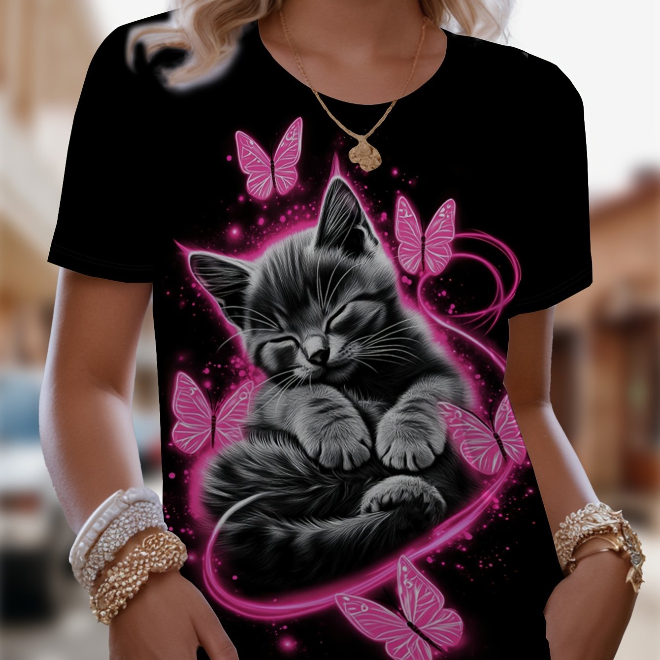 TEMU T-shirt da donna con stampa di gattini e rosa, top casual a maniche corte con scollo , lavabile in lavatrice, adatta a , realizzata in tessuto