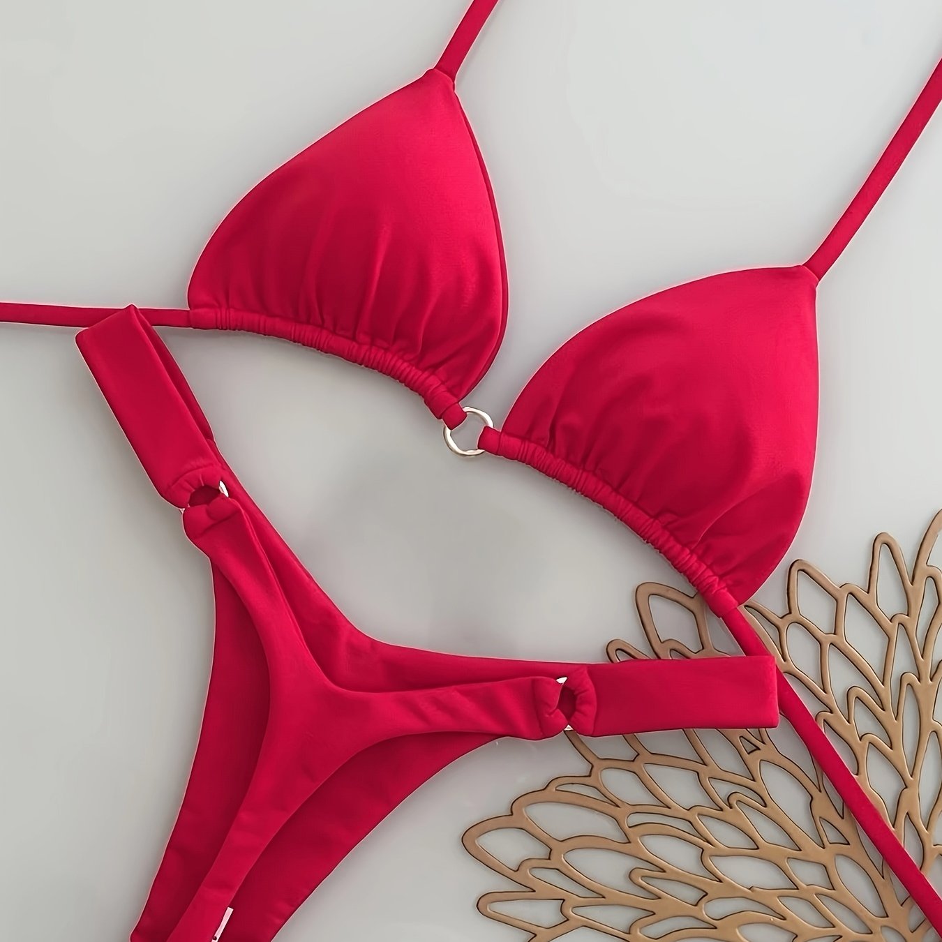 TEMU Ensemble Bikini Tendance Couleur Unie | Tissu Très Extensible, Style Sexy avec Bas et Détails de Bague
