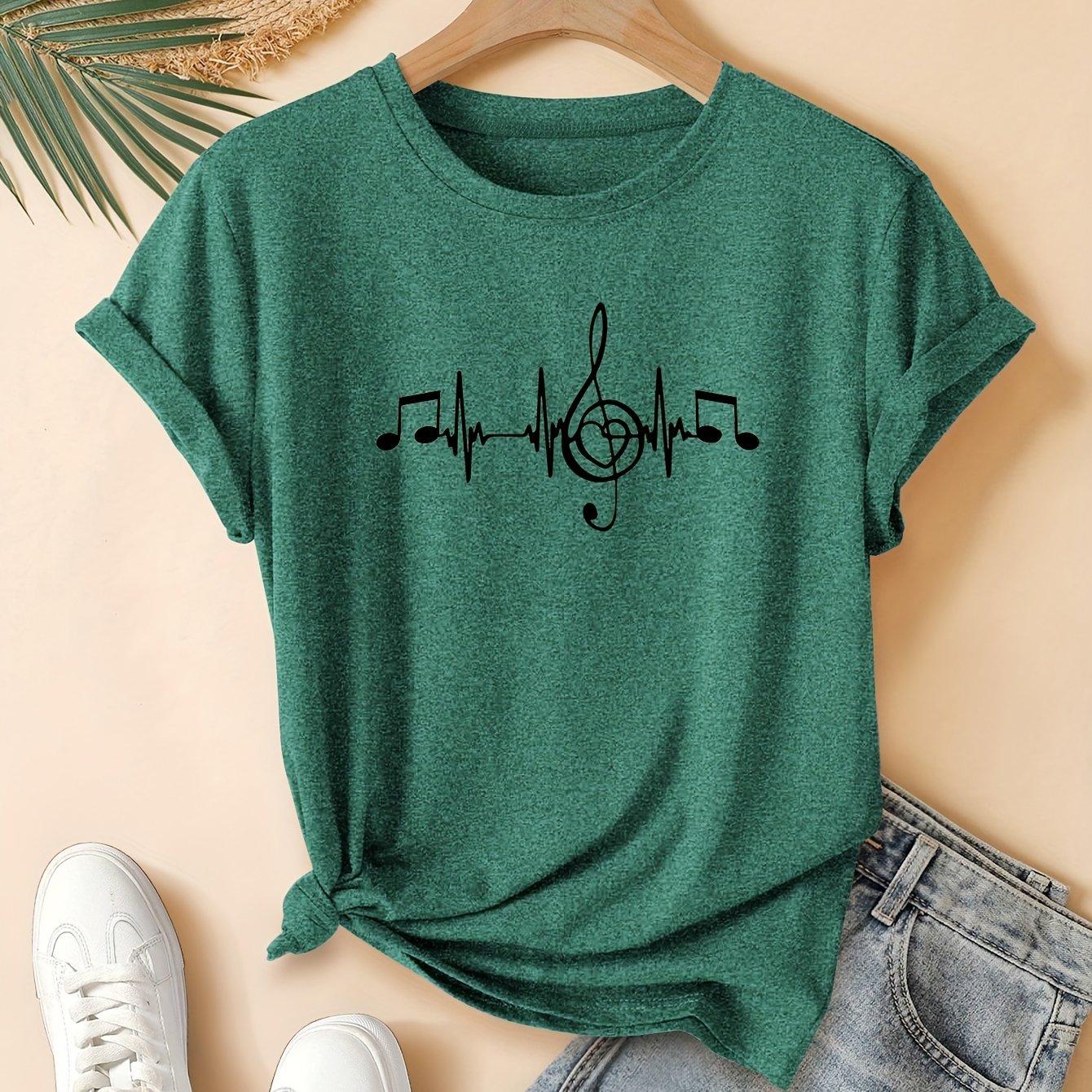 TEMU Music Note Ecg Print Fashion Retro Style Women's Spring Autumn Winter Casual Sports Style Round Neck Short Sleeve T-shirt