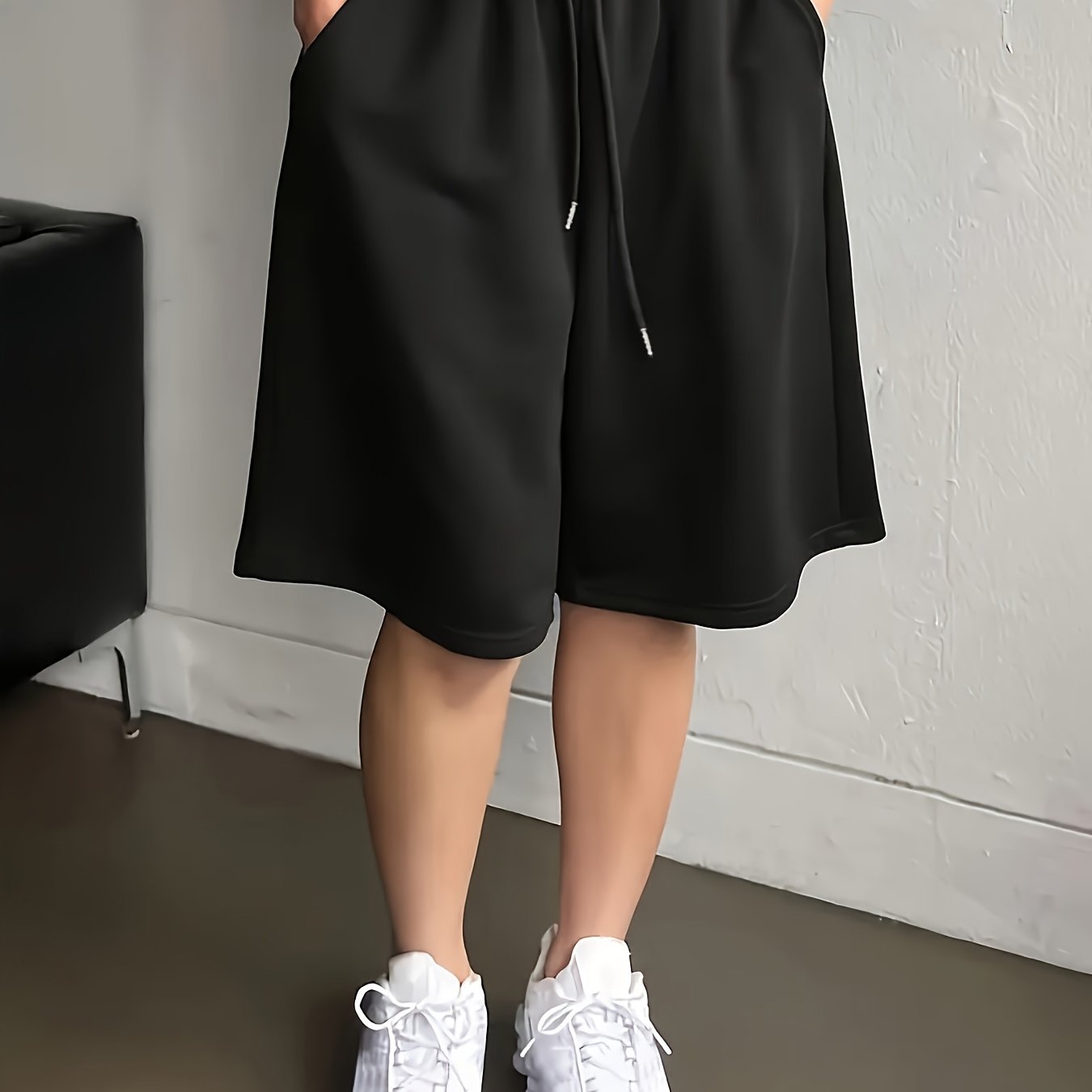 Plus Size - Plus Size - Plus Size Women's Casual Solid Color, Machine Washable Fabric With Drawstring Pocket Shorts, Suitable For Daily Casual Outing