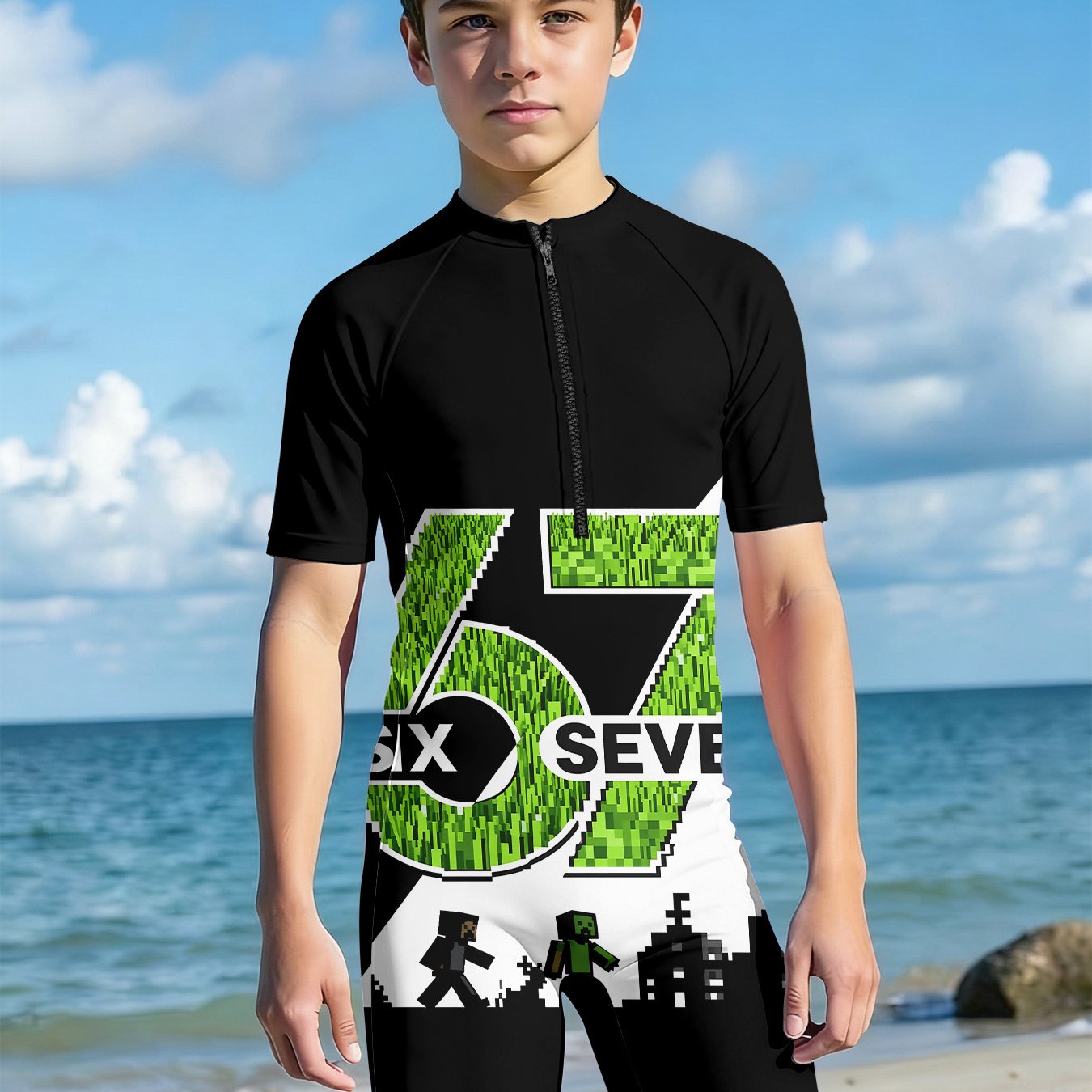 Image of Stylish Boys' Short-sleeved 1pc Swimsuit Featuring Character Patterns And 3d Printing Technology. Suitable For Settings Such As , , Swimming Pools, Vacations, And Water Parks.