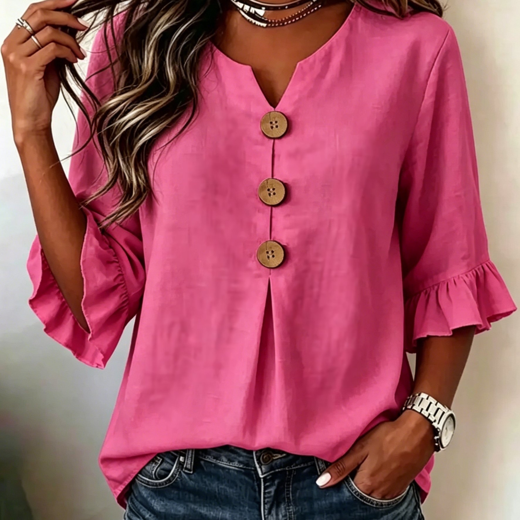 TEMU Casual Mid-sleeve Blouse, Women's Elegant Daily Top