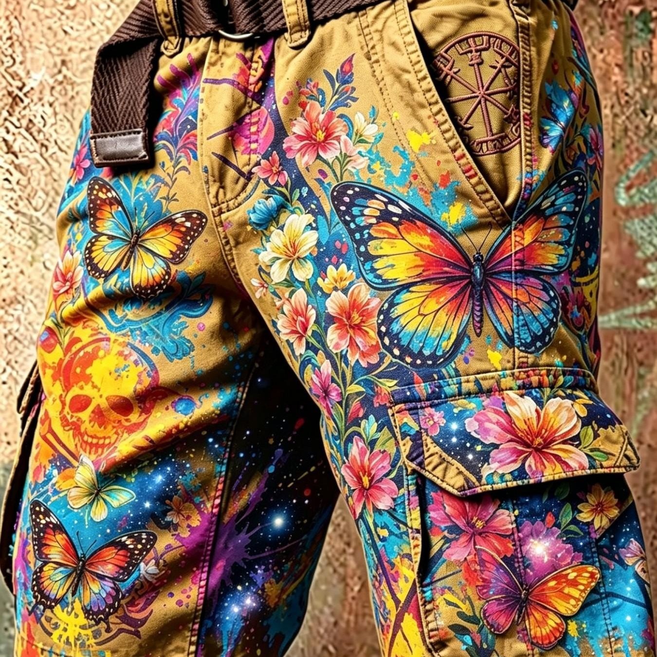 Image of Men's Belted Cargo Shorts With Khaki Base Colorful Flower And Starry Print Comfortable And Breathable Suitable For Daily Dating Outdoor Streetwear Great Gift For Men Men's Clothing, Plus Size