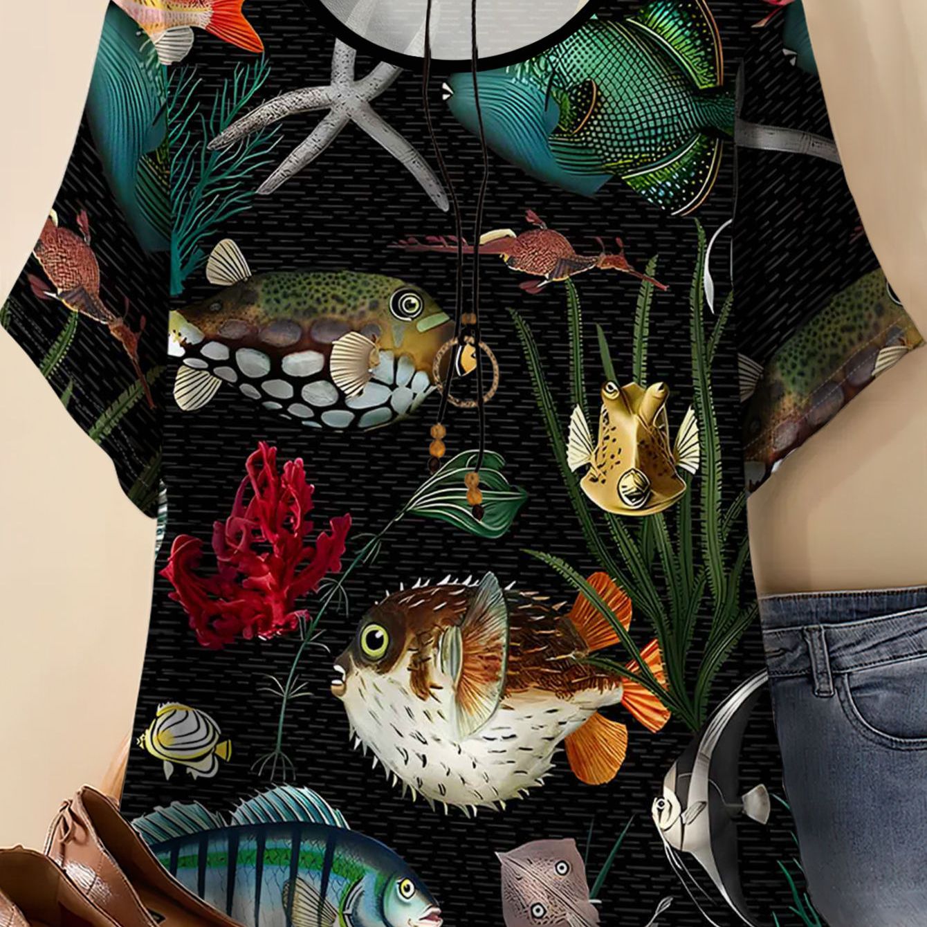 TEMU Women's Plus Size Oversized Short Sleeve T-shirt - Full-body Underwater Print With Mermaid Mannequin Suitcase Display (actual Suitcase Not ) -