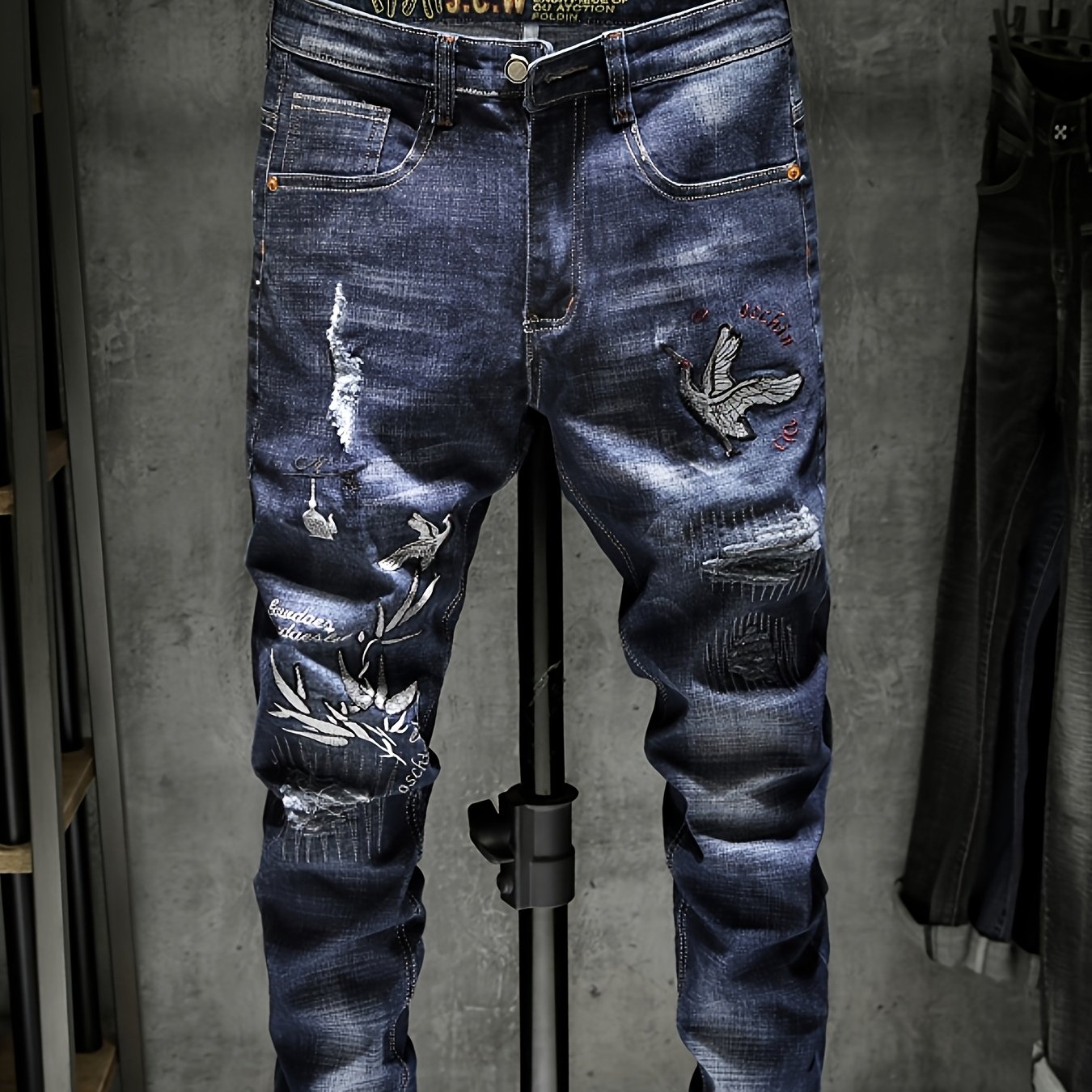 Men's Embroidered Skinny Jeans | Detailed Distressed Denim Pants With Artisan Ripped Denim Pants Streetwear Style , Trendy