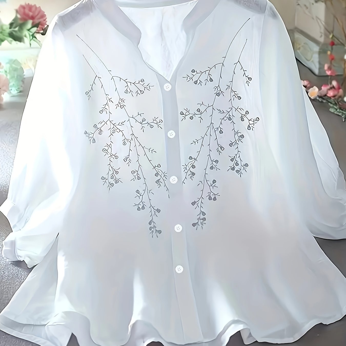 TEMU Floral Pattern Simple Shirt, Elegant Button-front Stand Collar Shirt, Women's
