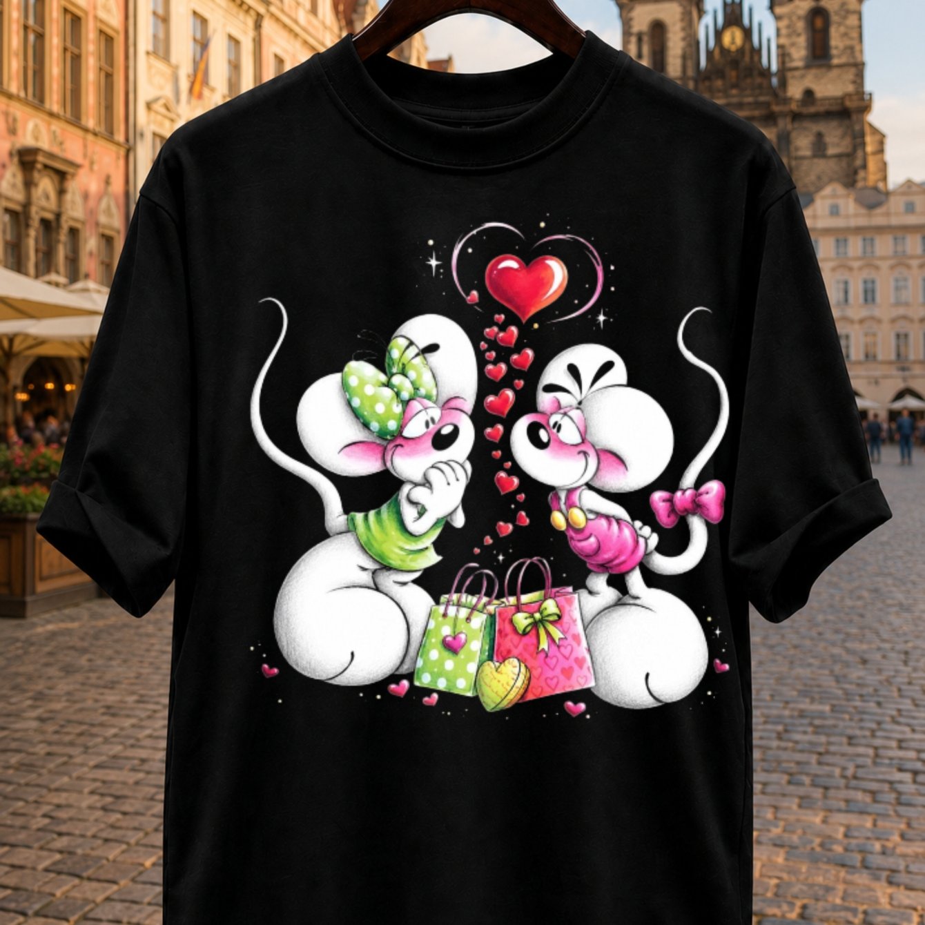 Image of Romantic Cartoon Mouse Couple T-shirt 2 M With Hearts Colorful Gifts Bows And Sweet Love Illustration Tee Unisex T-shirt