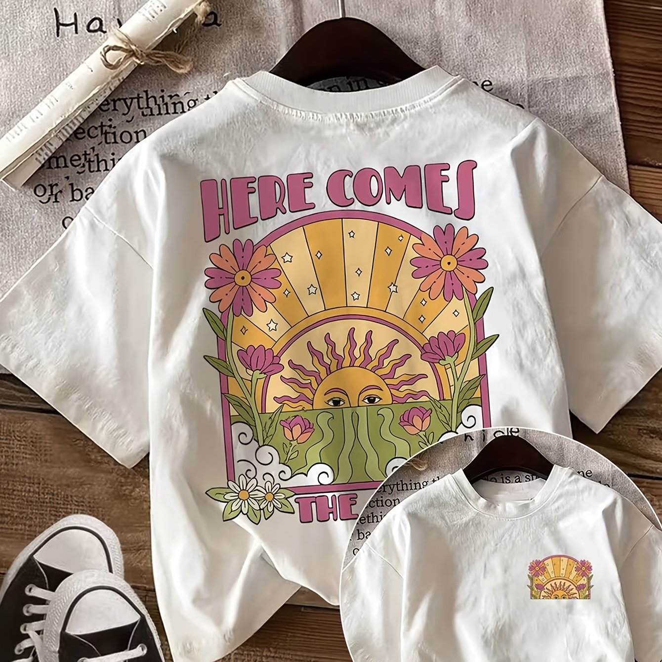 TEMU Women's Pop Art T-shirt - Double-sided Sun & Flower Print Round Neck Short Sleeve Blouse-compatible Top | Semi-sheer Casual -line Shirt Suitable