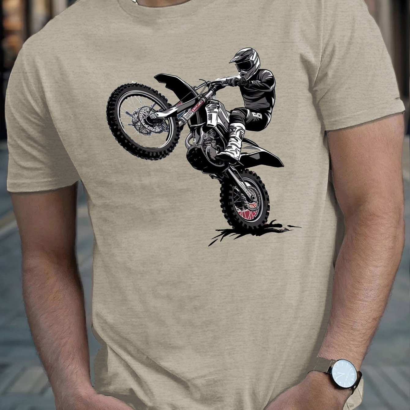 TEMU Motocross Rider Illustration Print Tee Shirt, Tees For Men, Casual Short Sleeve T-shirt For Summer