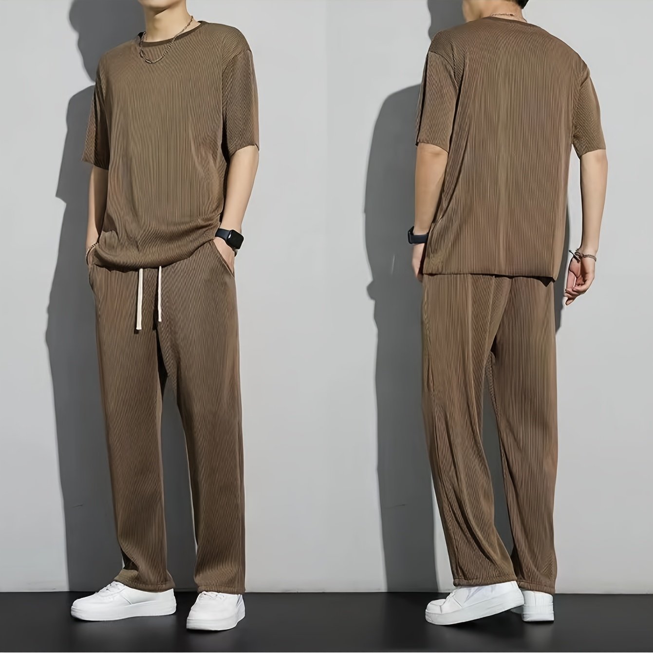 TEMU 【メンズ】竹繊維 レーヨン スポーツ カジュアル スーツ 夏 薄手 カジュアル パンツ 半袖 インス ドライ ドレープ 服 セット アウトドア レジャー ホーム ショッピング スポーツ