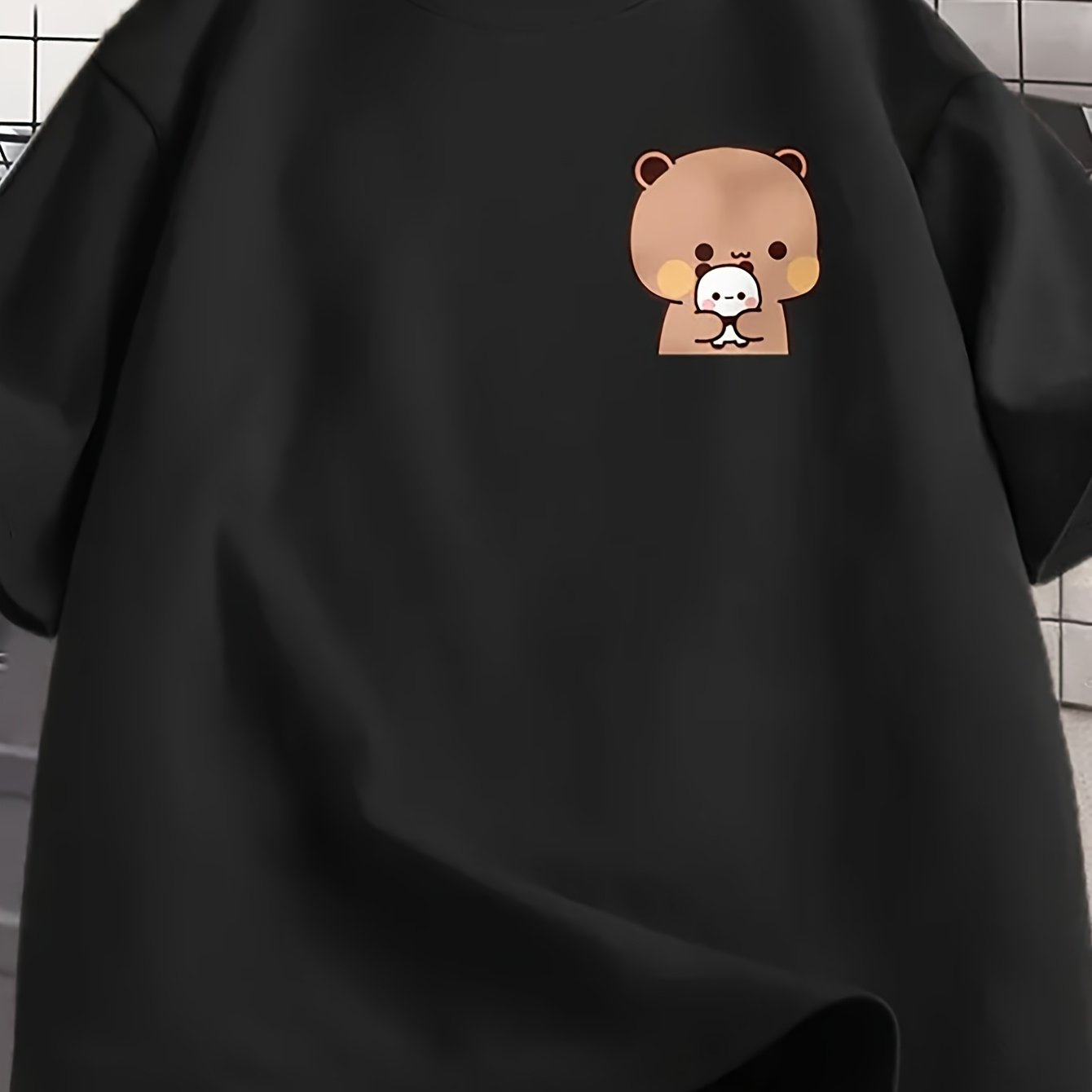 Image of Men's & Women's Cute Panda Bear Dudu & Print T-shirt - Black Casual Short Sleeve Round Neck Tee With Dudu Logo-like Chest Design, Comfortable Matching Couple Shirts