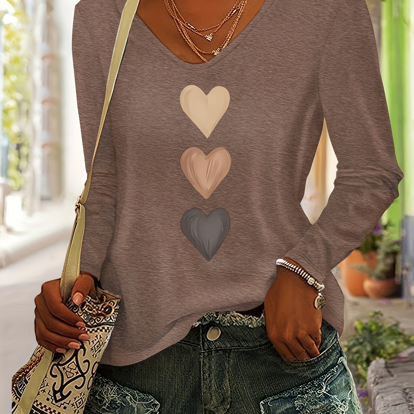 TEMU Casual Heart Pattern Print Women's Fall Winter Colored Fashion Casual V-neck Long Sleeve T-shirt