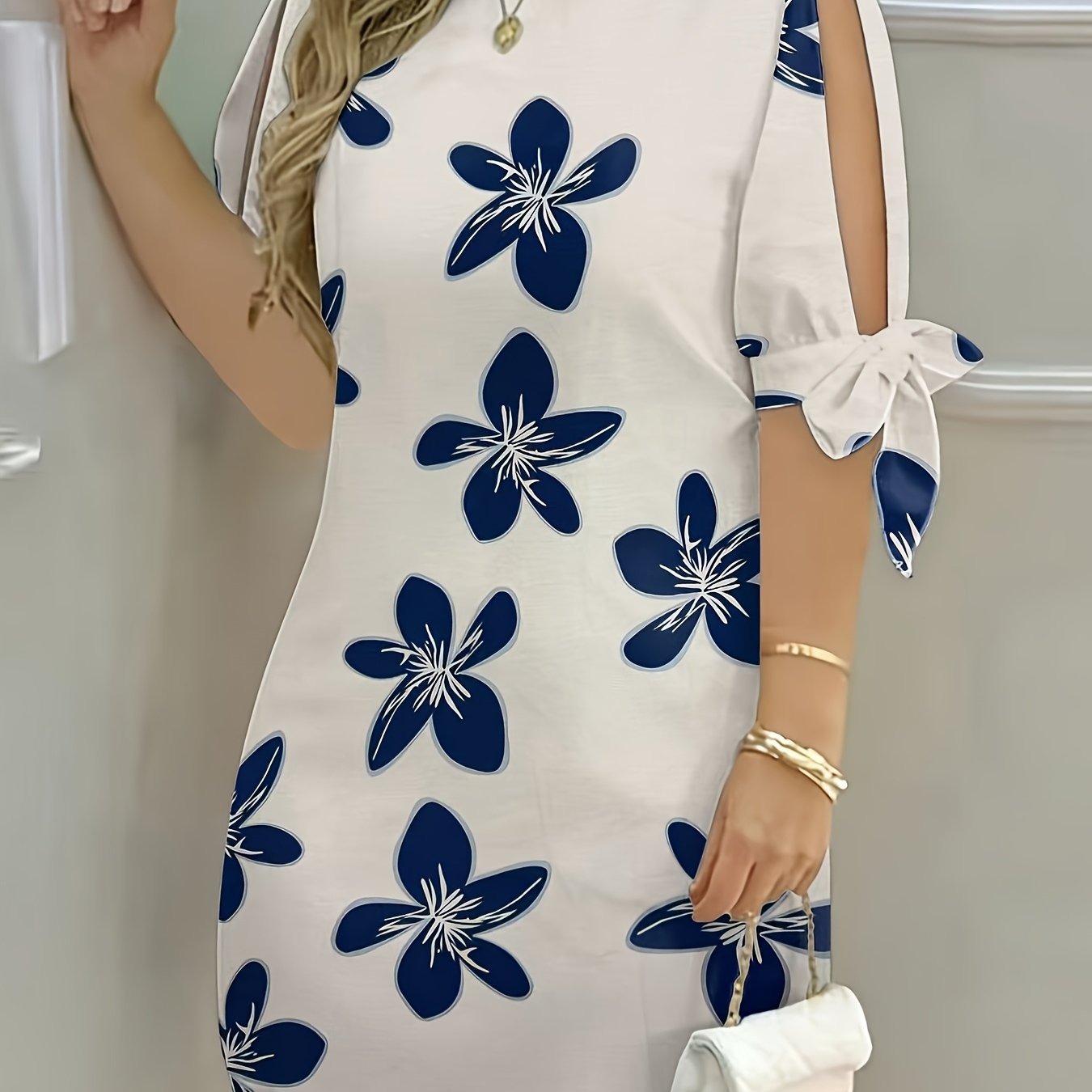 TEMU Floral Print Tunic Dress With Split Sleeves And Bow Details | Elegant Crew Neck, Midi Length, Suitable For Spring/summer/fall