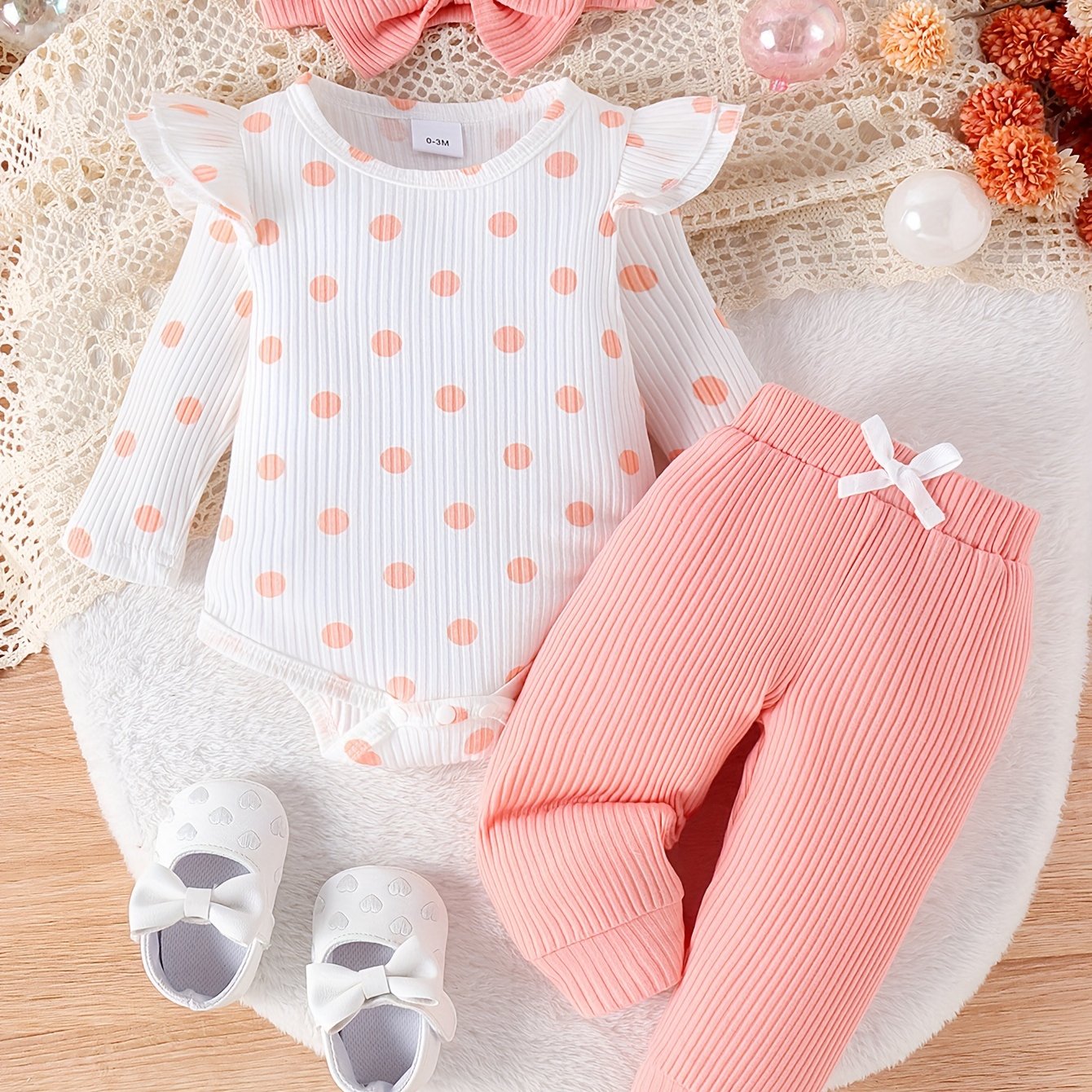 Image of Girls' 3pcs Set: New Cute Polka Dot Round Neck Ruffle Bodysuit, Pink Ribbed Long Pants, And Headband For , Perfect For Outdoor