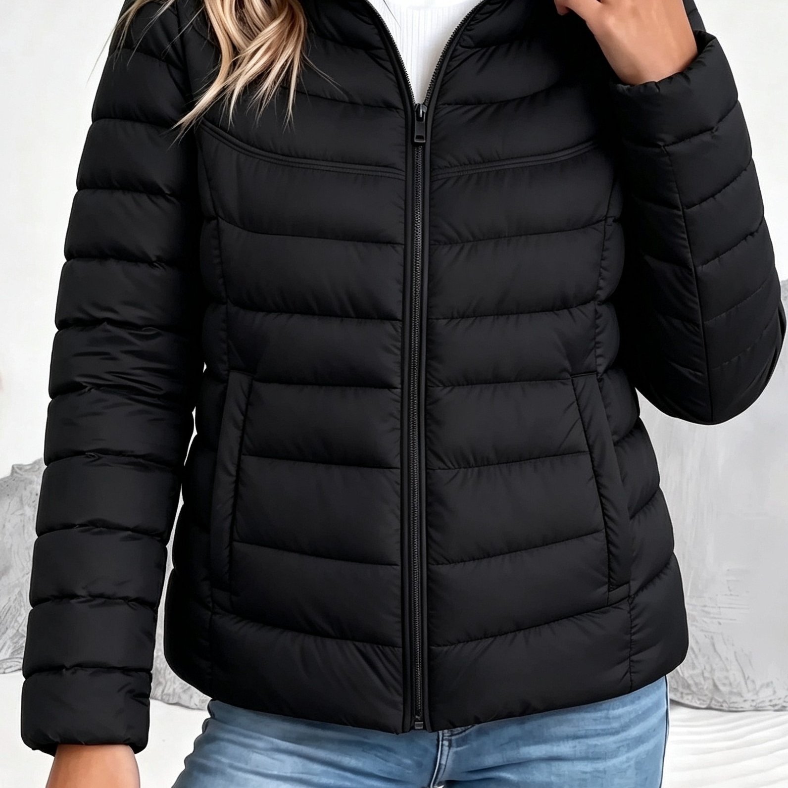 TEMU Autumn/winter Women's Stand Collar Padded, Zipper Double Pocket Slim-fit Warm Top, Suitable For New Year, Dates, Nightclubs, Daily Commutes, And