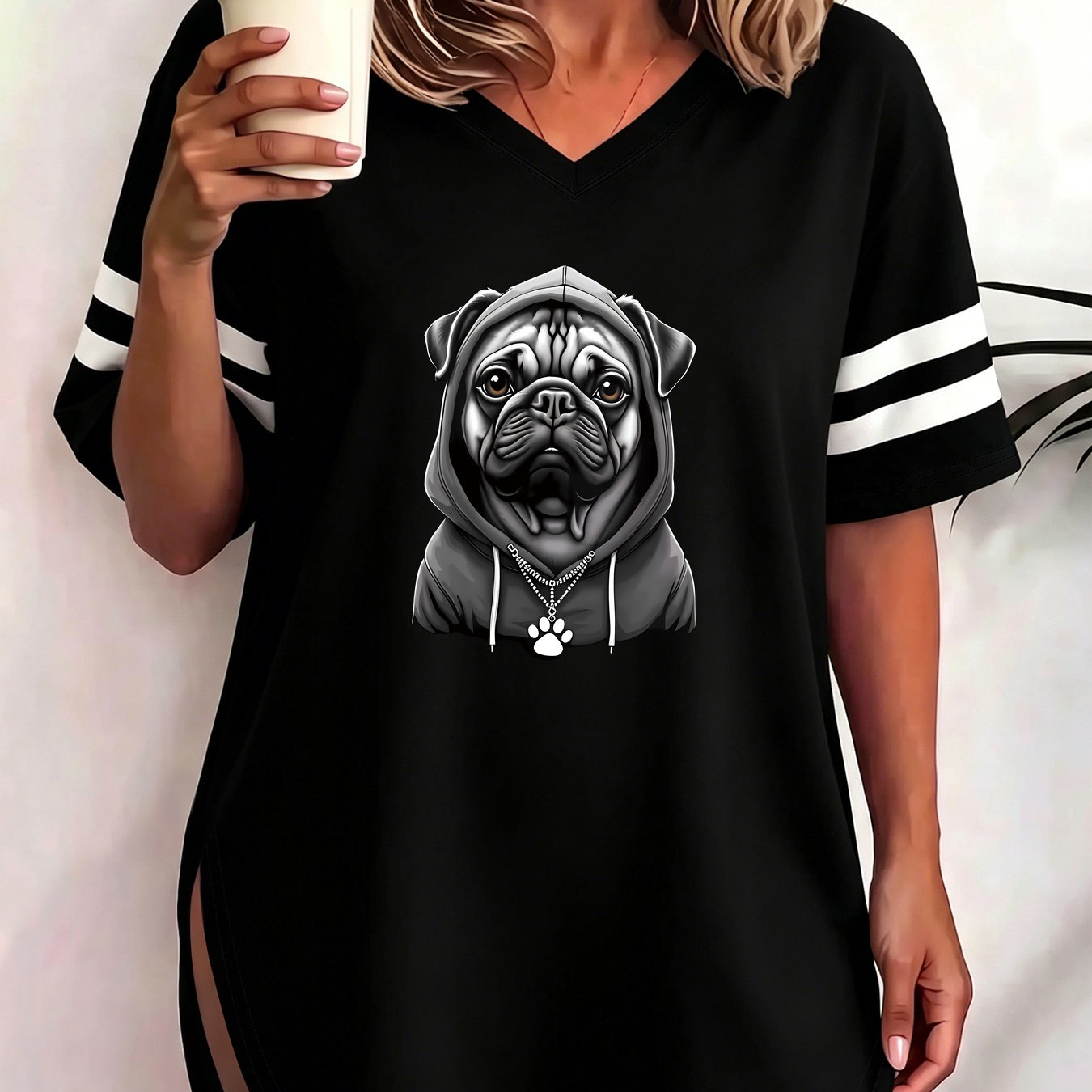 TEMU Plus Size - Pug Pattern Pug Print T-shirt Plus Size 1xl To 8xl Letter Print Text Pattern T-shirt Women's Short Sleeve V-neck Side Slit Top