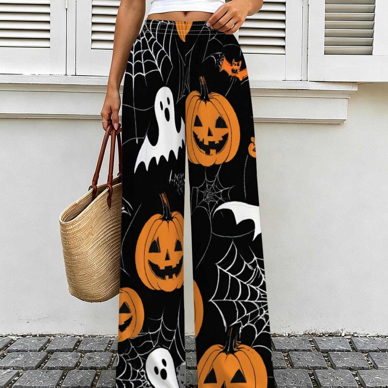 TEMU Wide-leg Pants/halloween Pumpkin Ghost Pattern Women's Wide-leg Trousers, Trendy New Women's Wide-leg Pants, Casual And Stylish Long Pants For