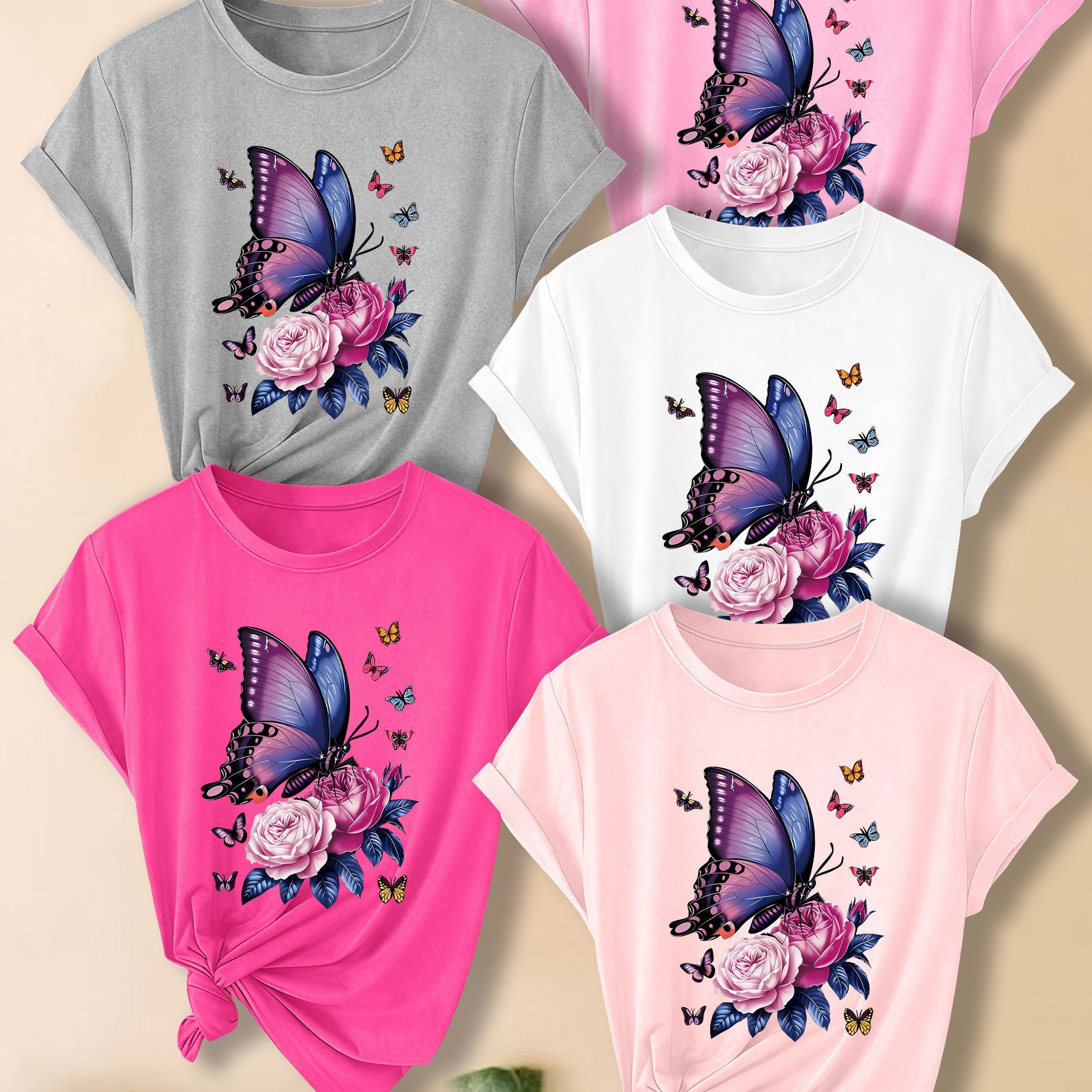 TEMU Plus Size, Women's Plus Size 5pcs Set Short Sleeve T-shirt Top, Purple-blue Large Rose Print ~ Comfortable And Breathable Fabric, Casual ,
